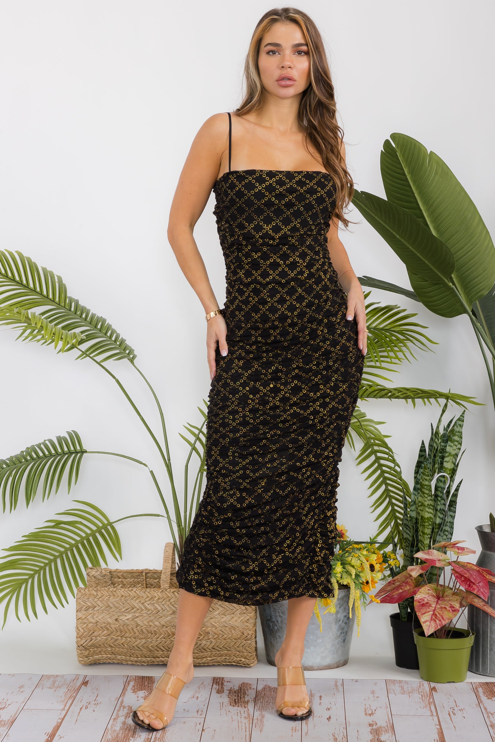 HH771R-P-M Metallic Ruche Midi Dress with Spaghetti Straps