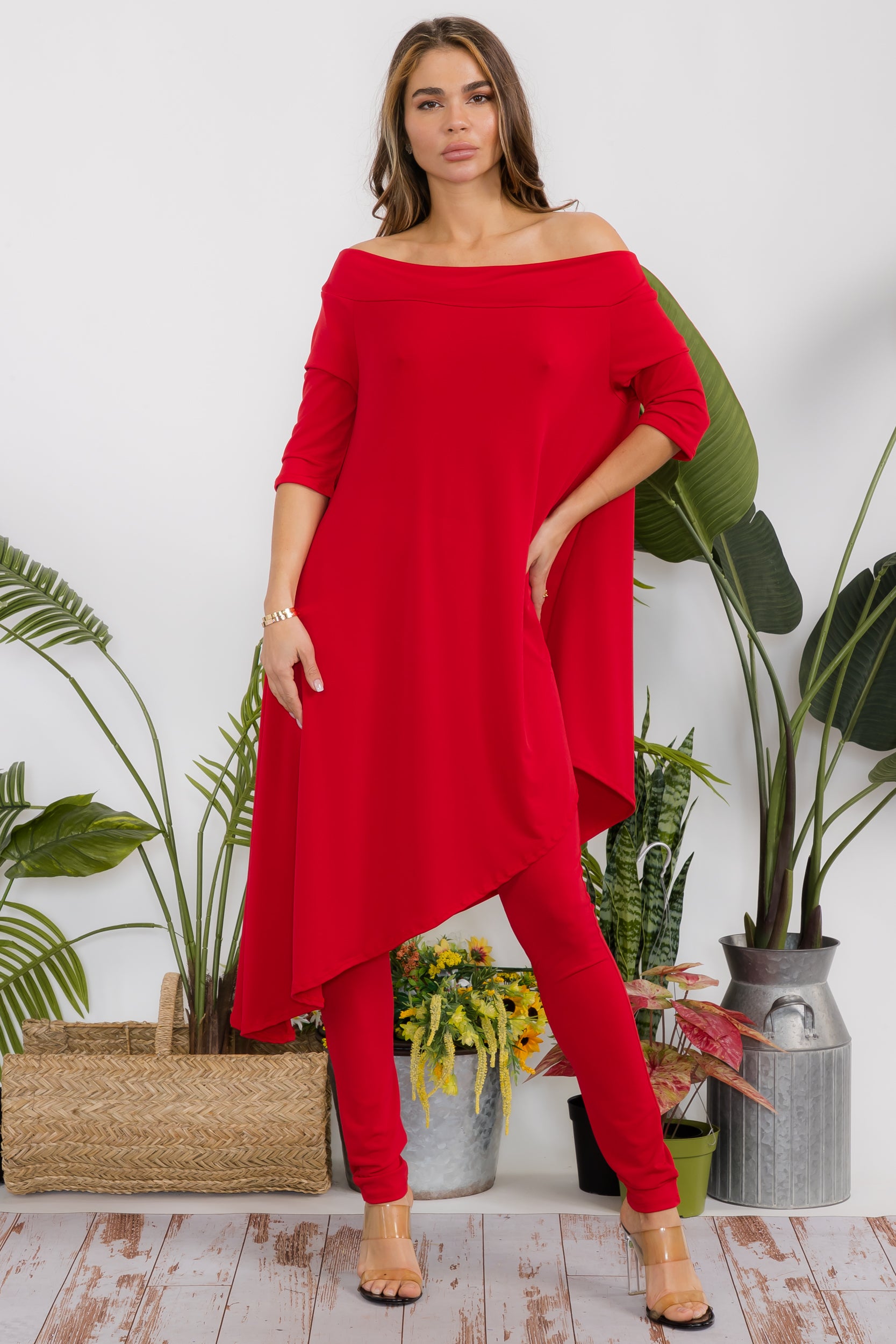HH690X-S Plus Size Cowl Neck Top & Leggings 2 Piece Set
