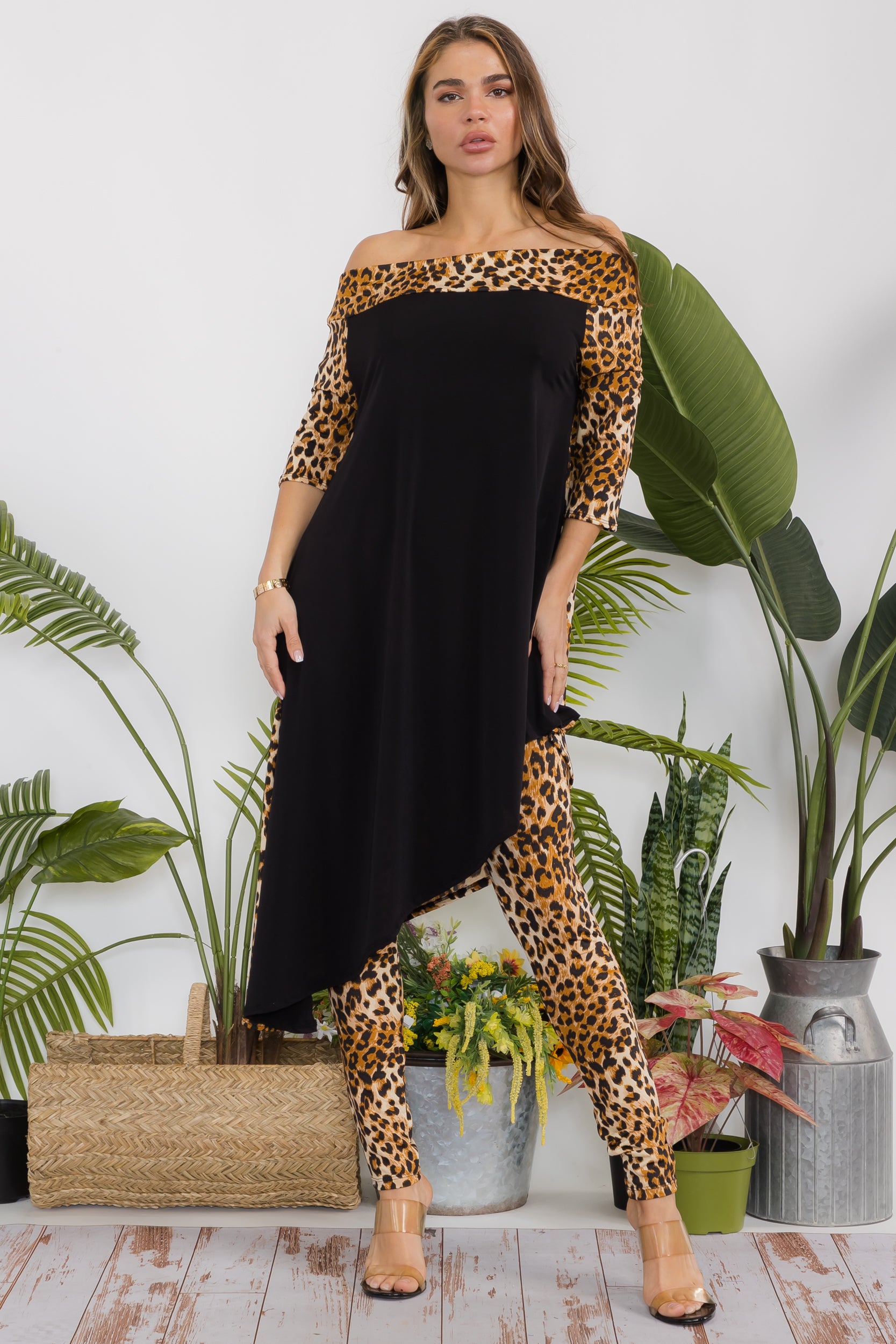 HH690R-P1 Animal Cowl Neck Top & Leggings 2 Piece Set