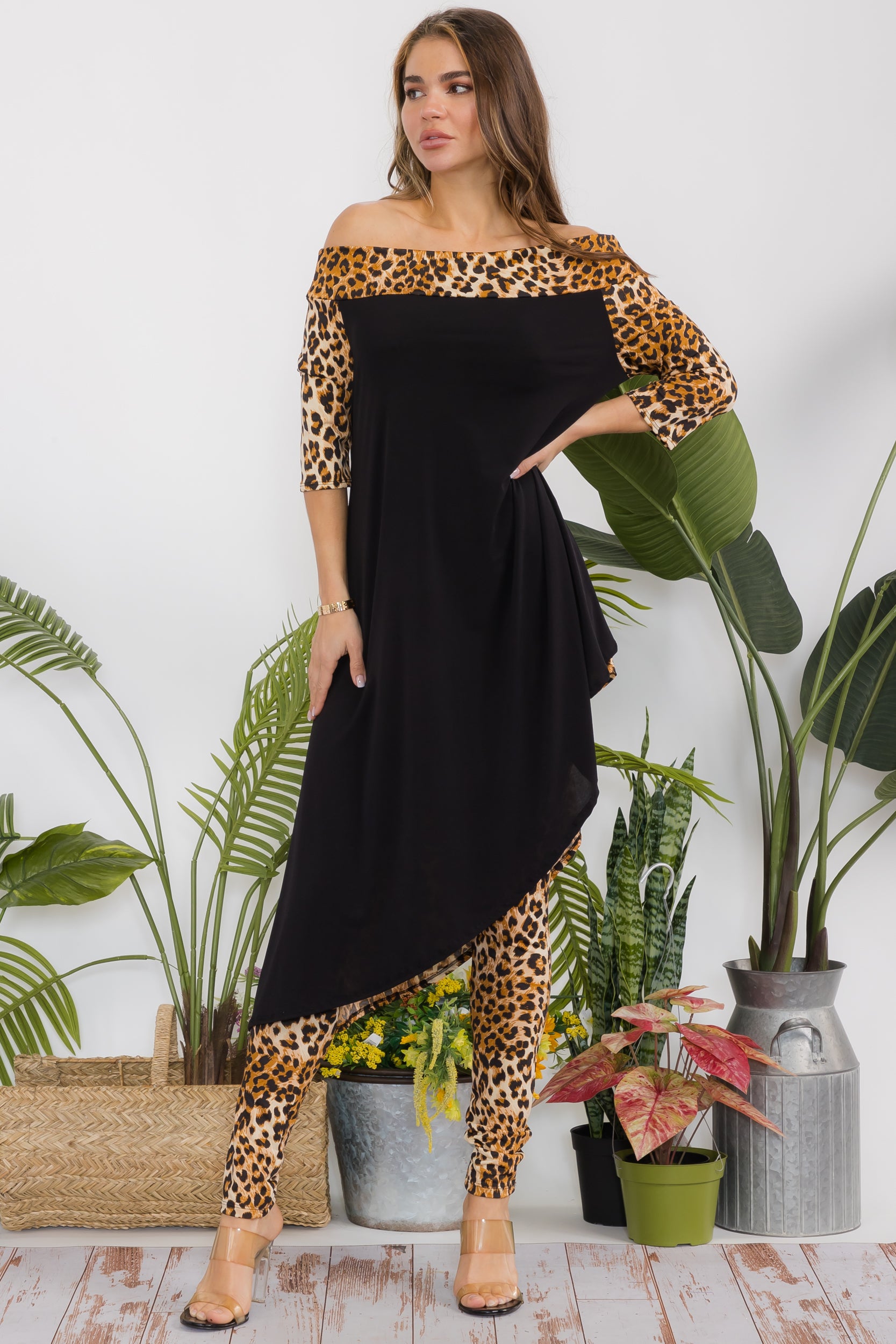 HH690R-P1 Animal Cowl Neck Top & Leggings 2 Piece Set