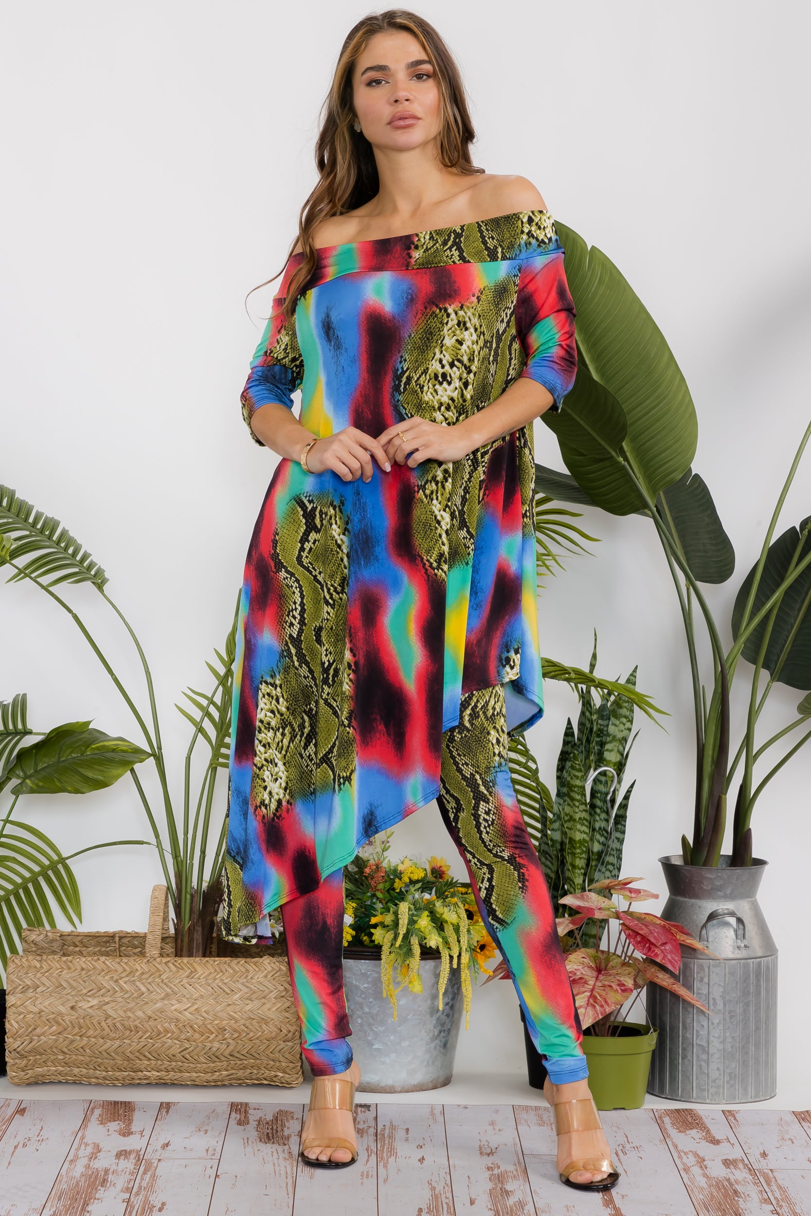 HH690R-P1 Animal Cowl Neck Top & Leggings 2 Piece Set