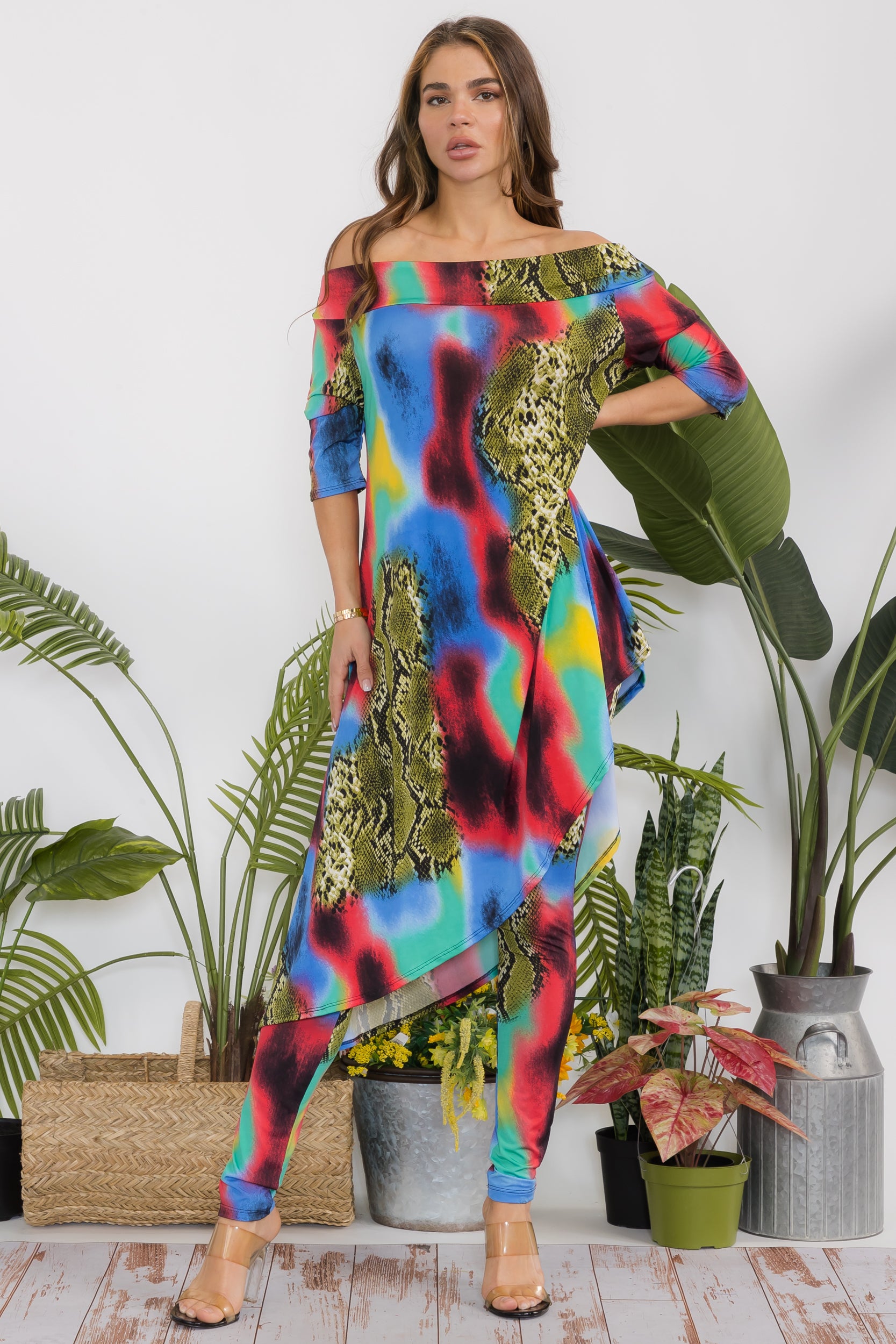 HH690R-P1 Animal Cowl Neck Top & Leggings 2 Piece Set