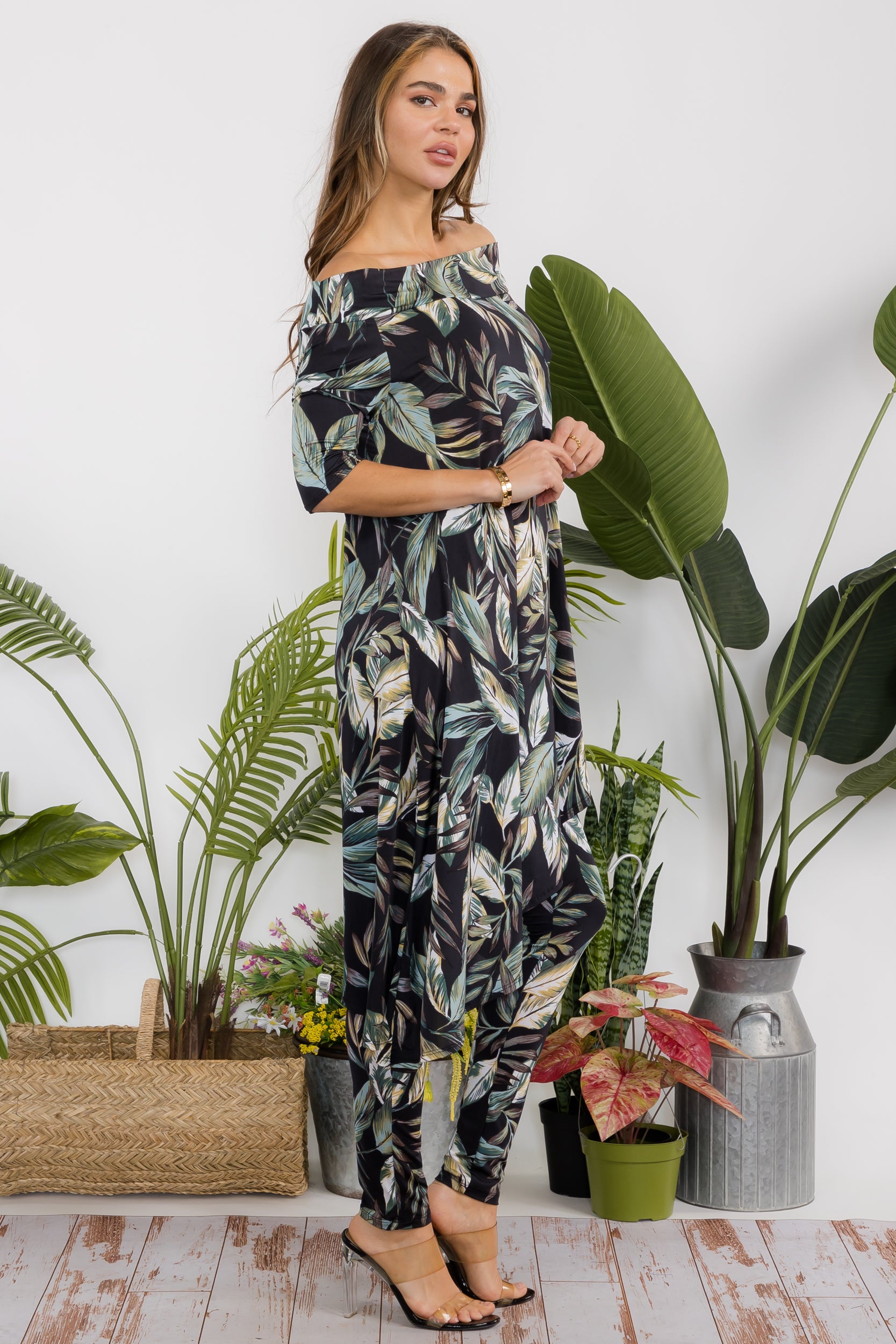 HH690X-P2 Plus Floral Cowl Neck Top & Leggings 2 PC Set