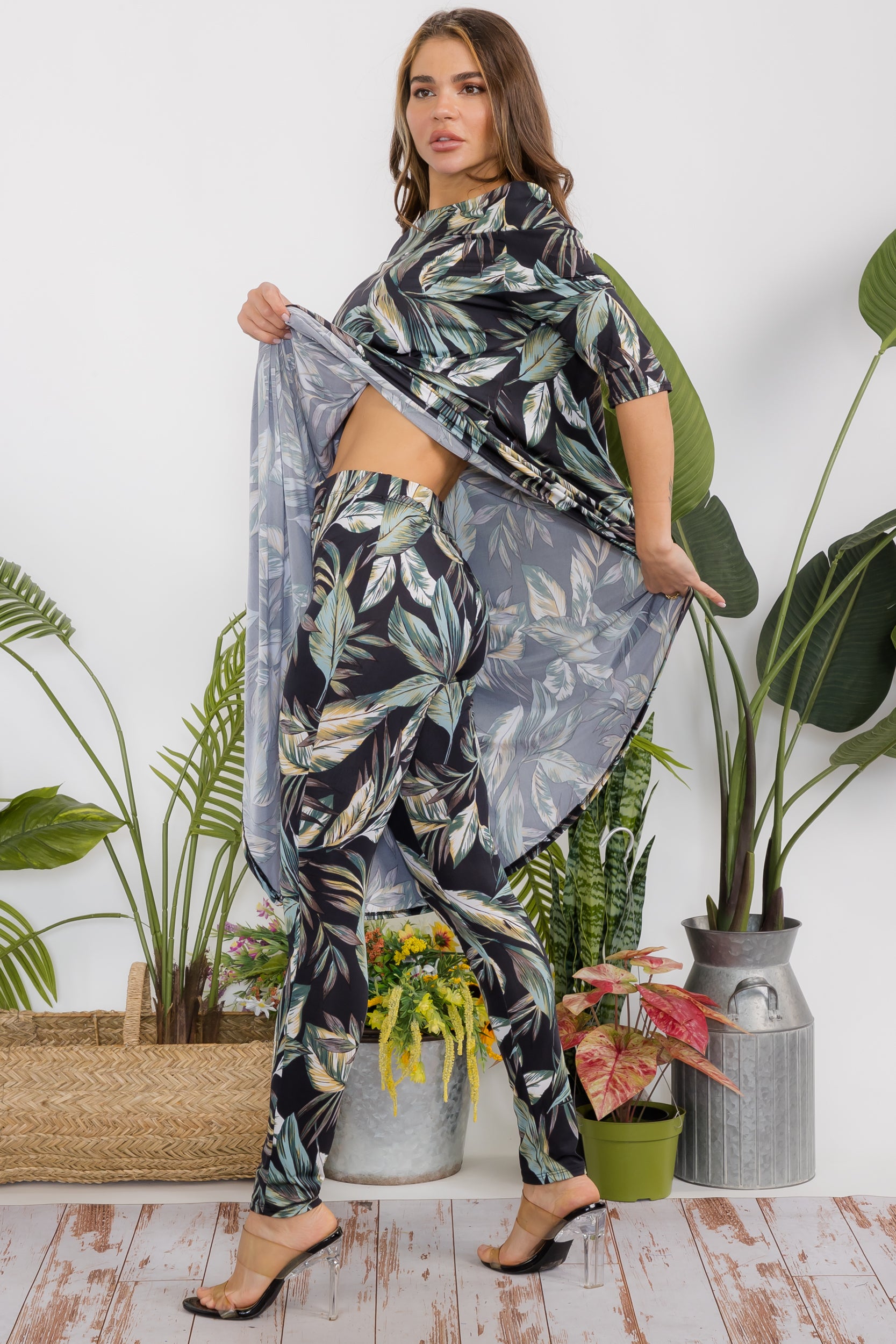 HH690X-P2 Plus Floral Cowl Neck Top & Leggings 2 PC Set