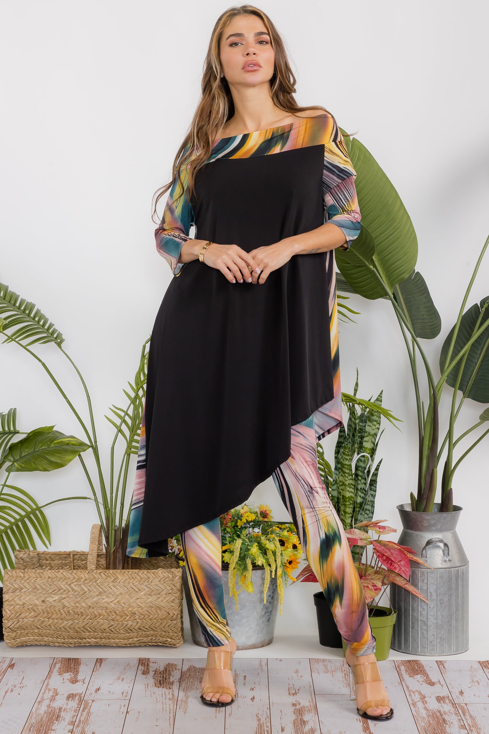 HH690X-P2 Plus Floral Cowl Neck Top & Leggings 2 PC Set