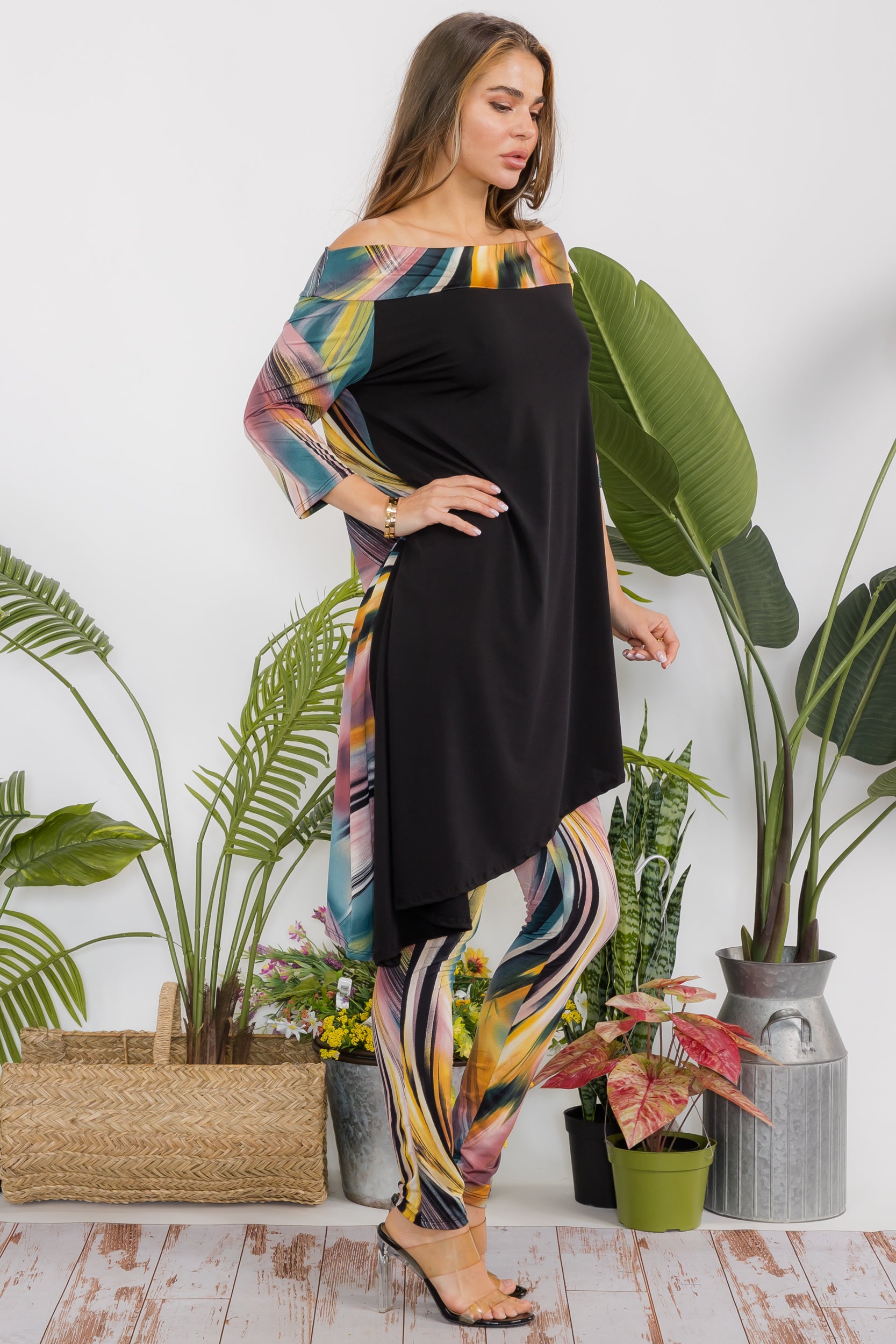 HH690X-P2 Plus Floral Cowl Neck Top & Leggings 2 PC Set