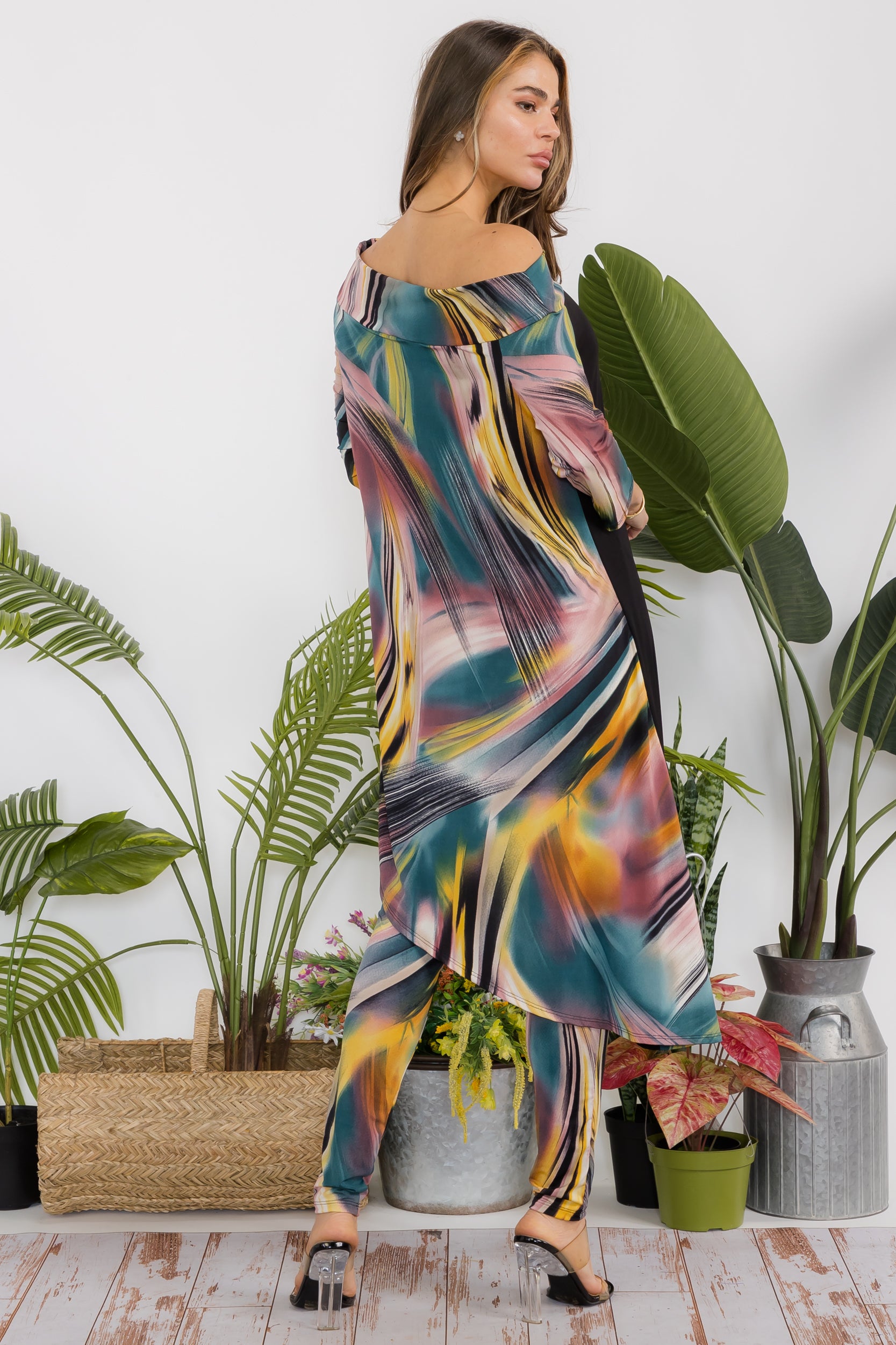 HH690X-P2 Plus Floral Cowl Neck Top & Leggings 2 PC Set