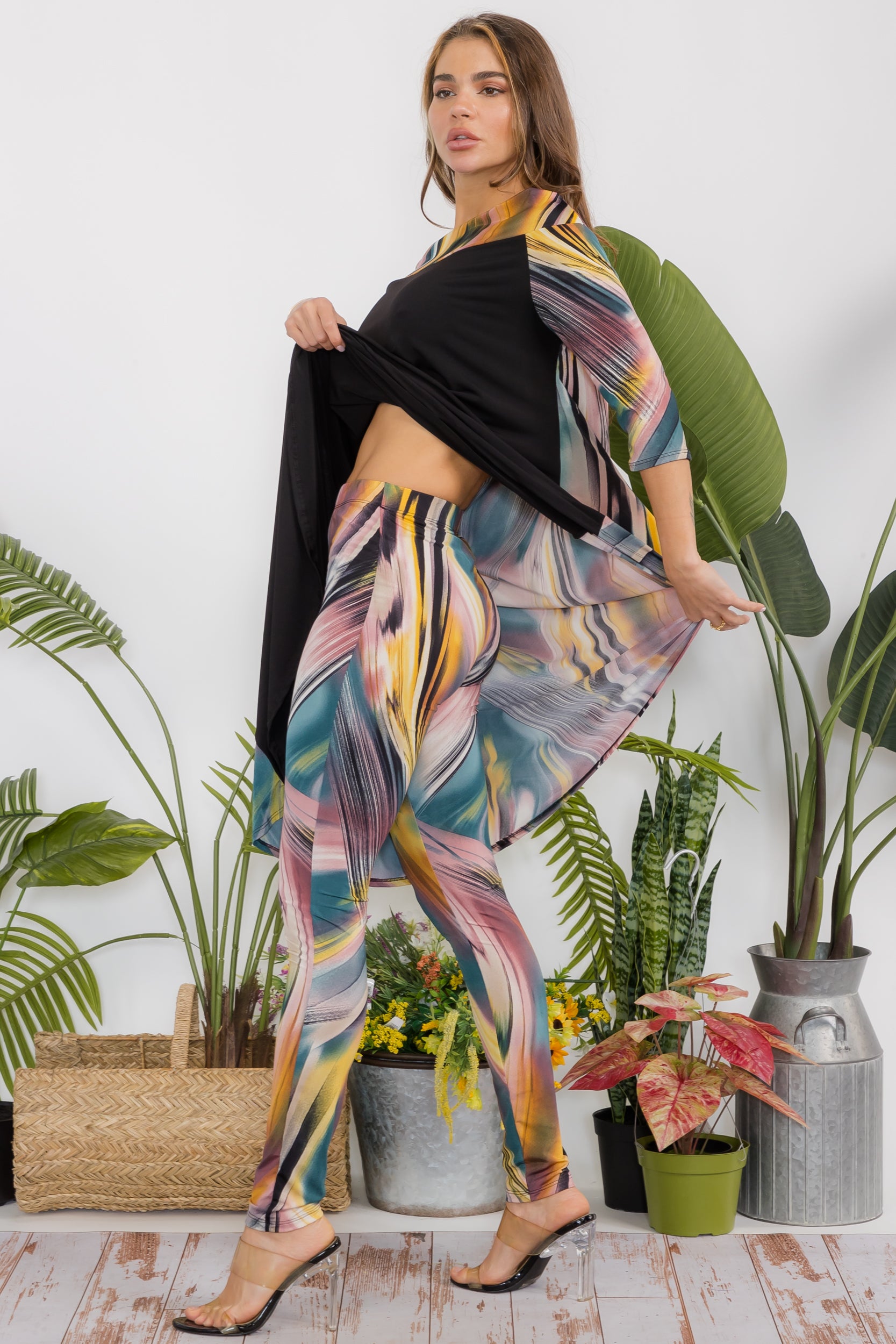 HH690X-P2 Plus Floral Cowl Neck Top & Leggings 2 PC Set