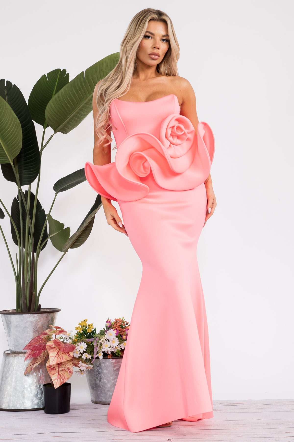 D7936 - FLOWER RUFFLE MERMAID DRESS