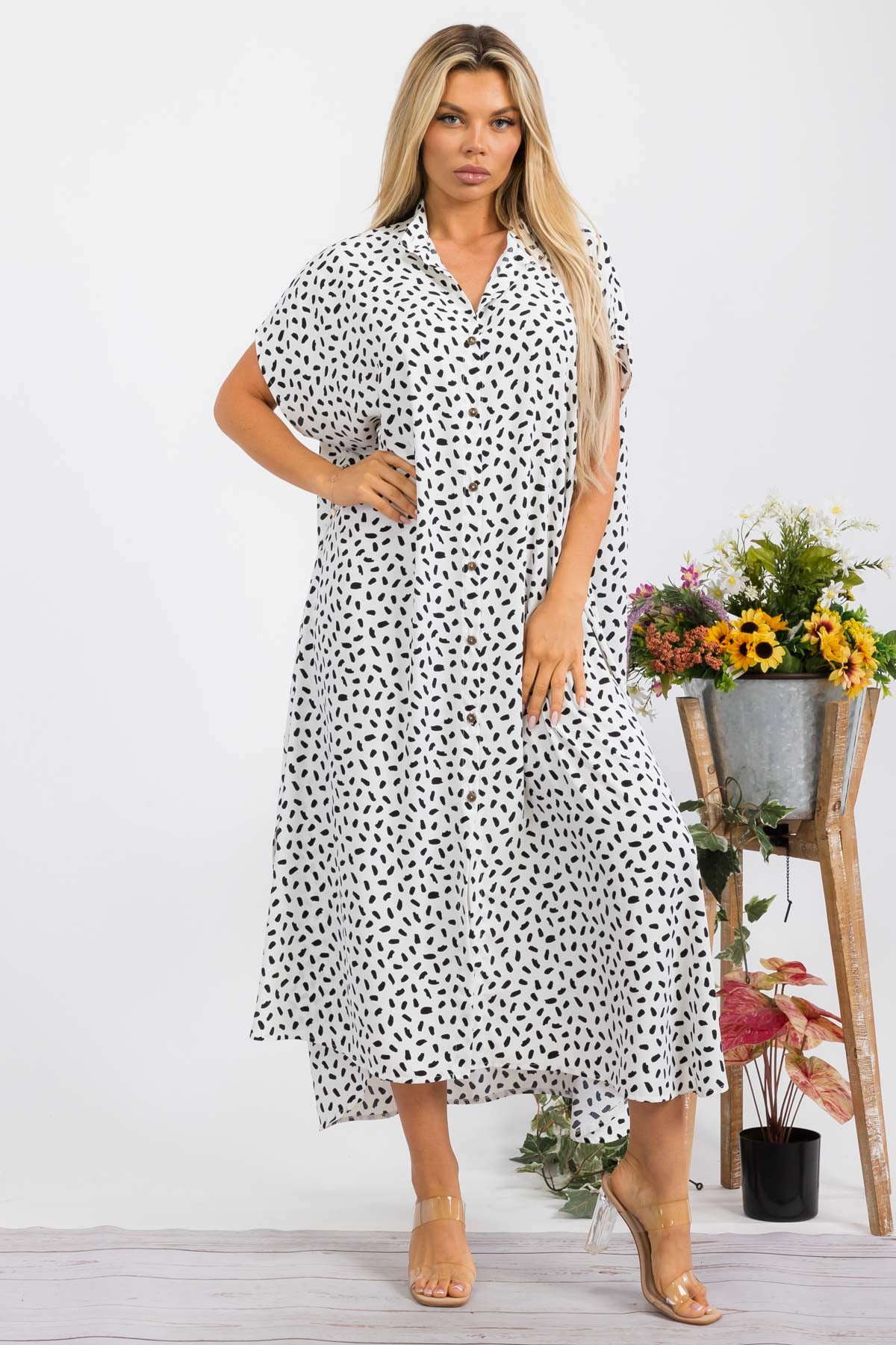 HH763R-DOTPRINT - SHORT SLEEVE MIDI BUTTON UP DRESS