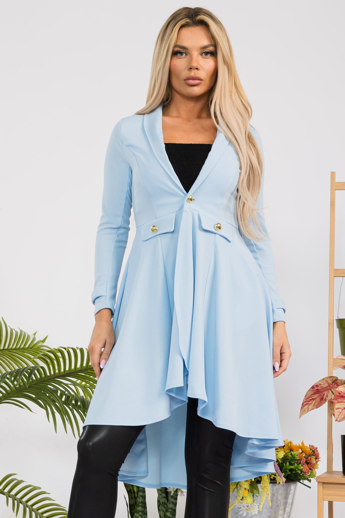 HH744X-SL - CREPE KNIT CHAIN BUTTON HI-LO CARDIGAN
