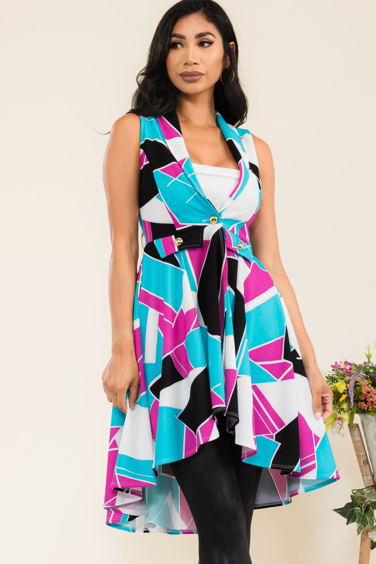 HH757X-ABSTRACT - FRONT BUTTON SLEEVELESS JACKET