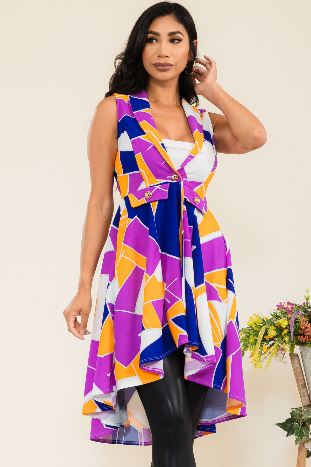 HH757X-ABSTRACT - FRONT BUTTON SLEEVELESS JACKET