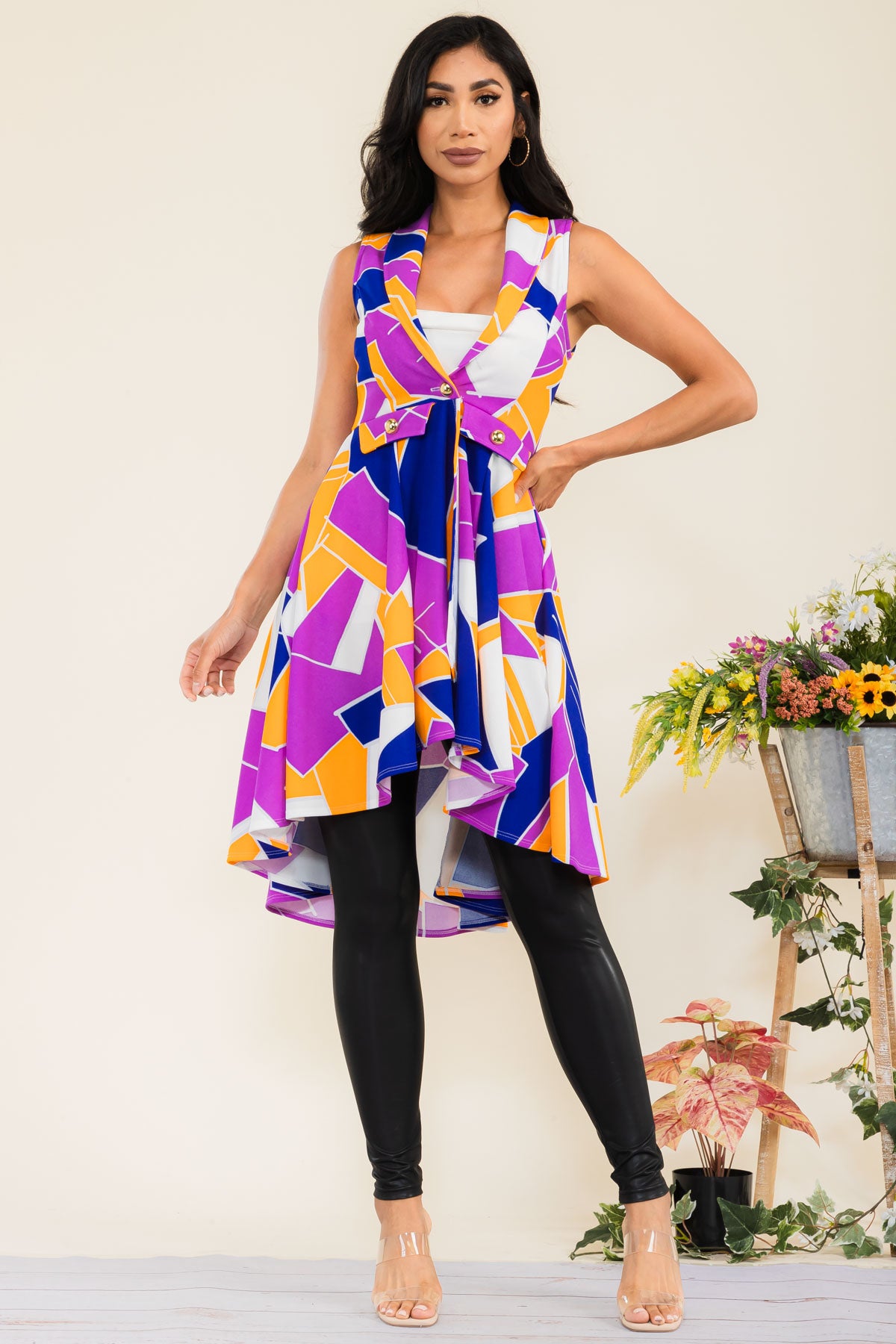 HH757X-ABSTRACT - FRONT BUTTON SLEEVELESS JACKET
