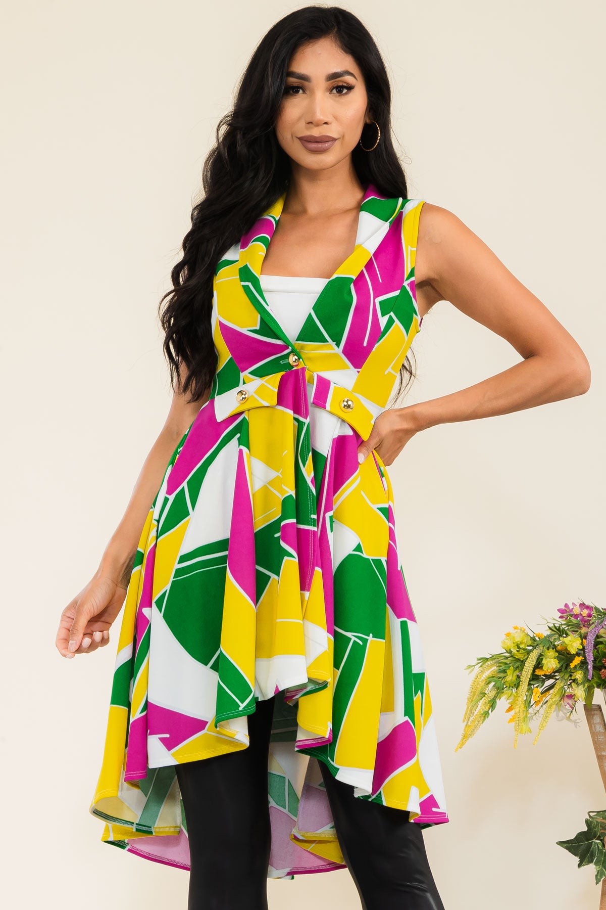 HH757X-ABSTRACT - FRONT BUTTON SLEEVELESS JACKET
