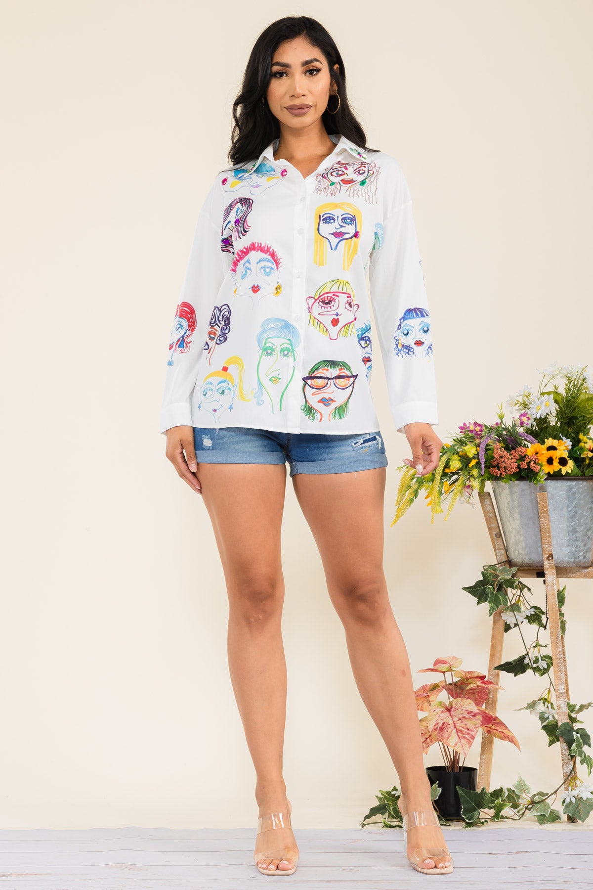 J568 - FACE PRINT LONG SLEEVE COLLARD SHIRT