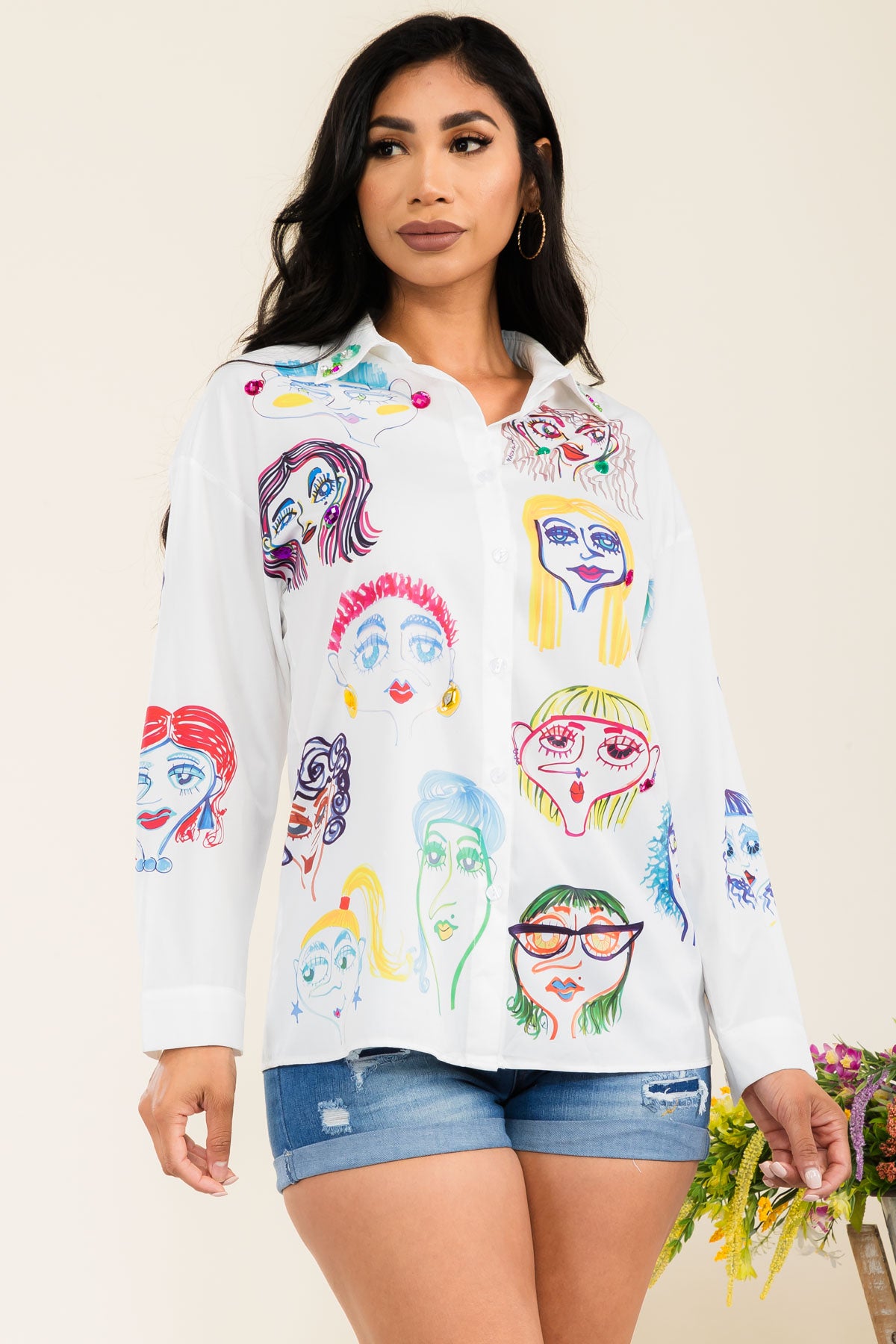 J568 - FACE PRINT LONG SLEEVE COLLARD SHIRT