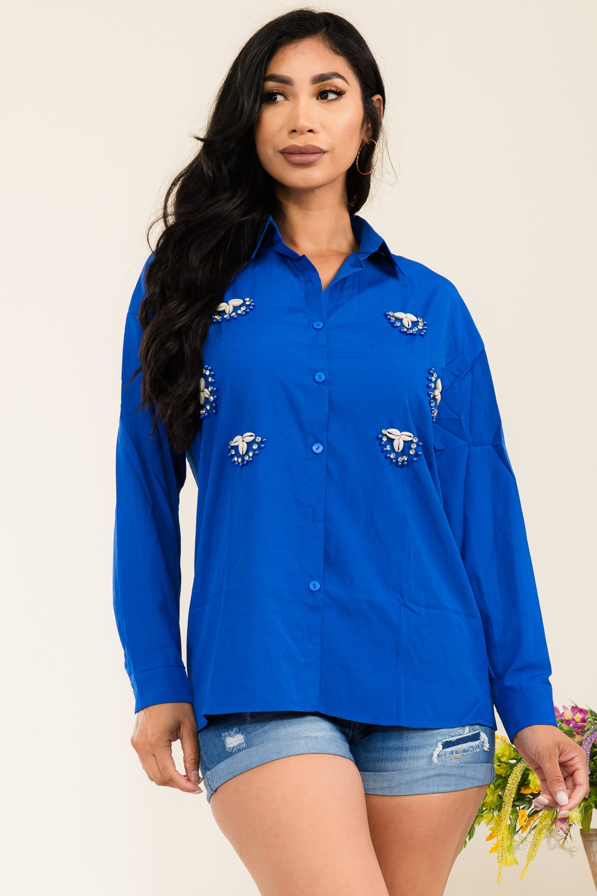 J474 - SHELL DETAIL LONG SLEEVE COLLARD SHIRT