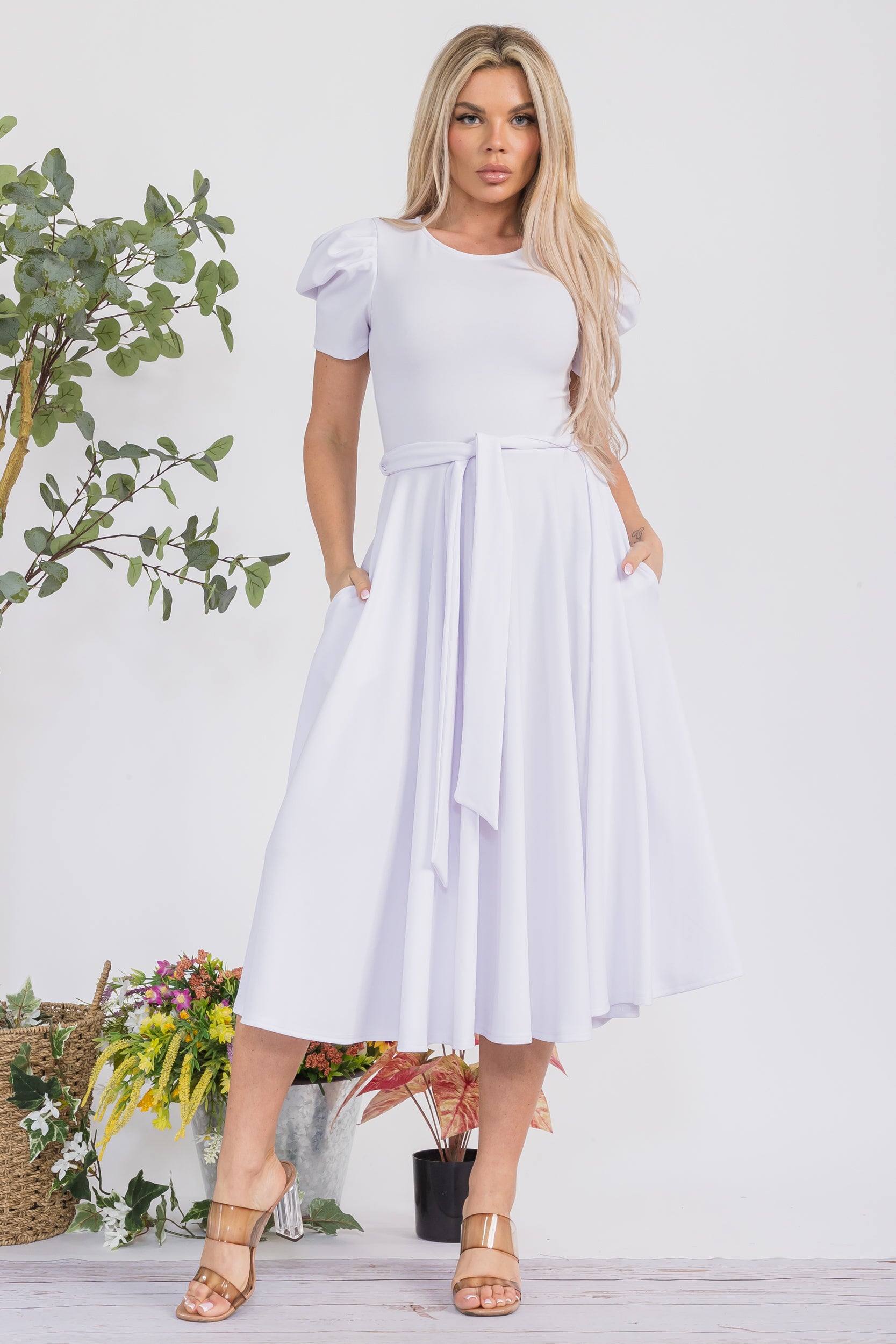 HH698BR-S Puff Sleeve Midi Cocktail Dress