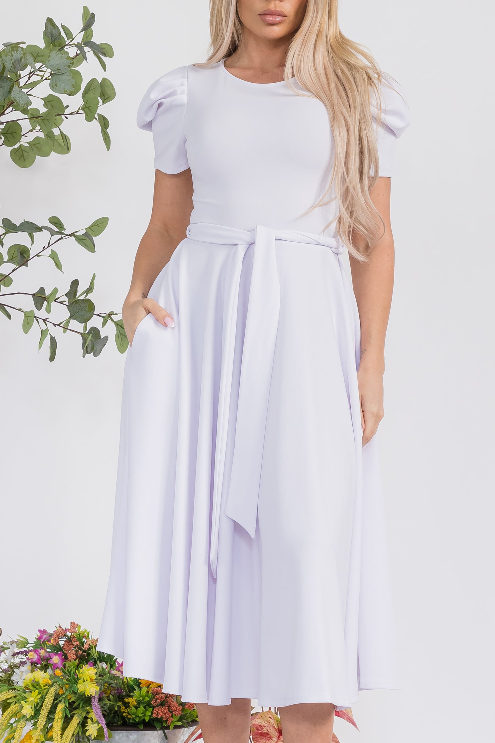 HH698BR-S Puff Sleeve Midi Cocktail Dress