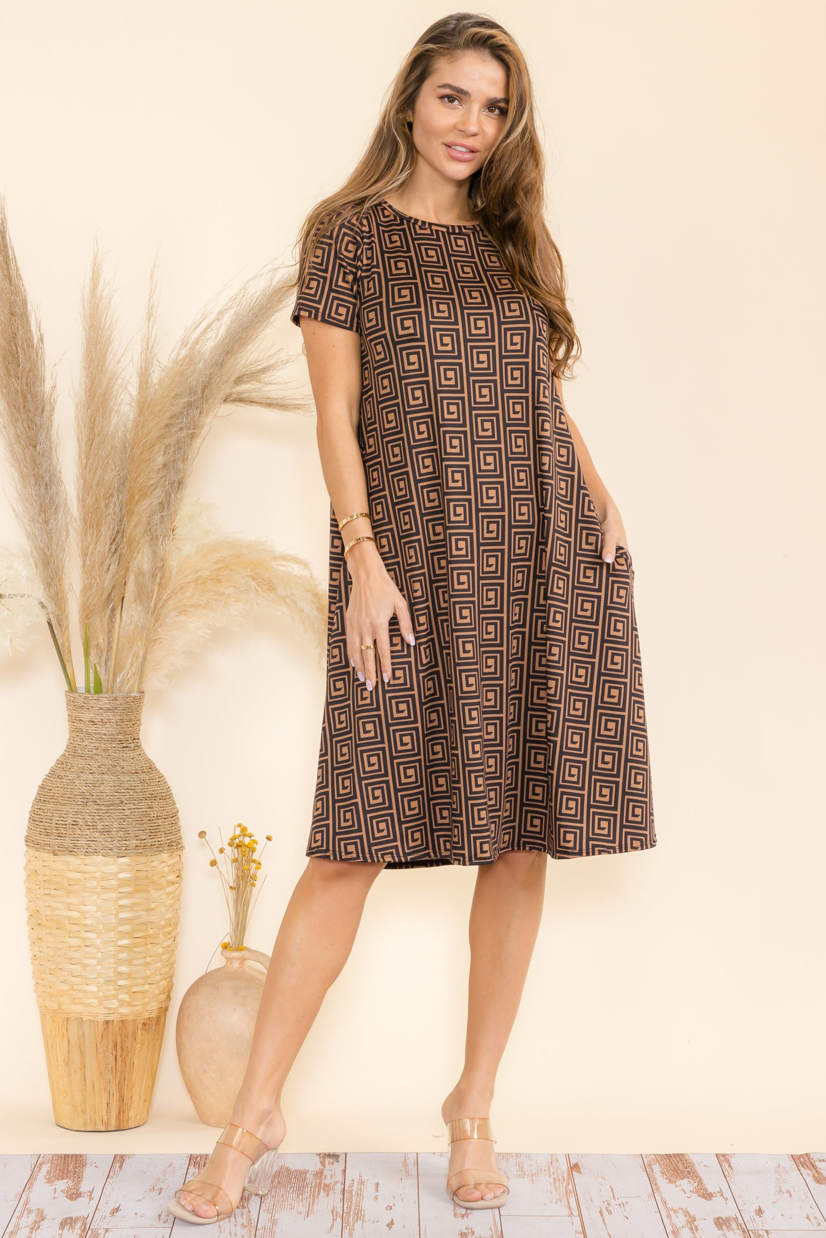 SAN136R-P5 Geometric Tunic Dress with Pockets