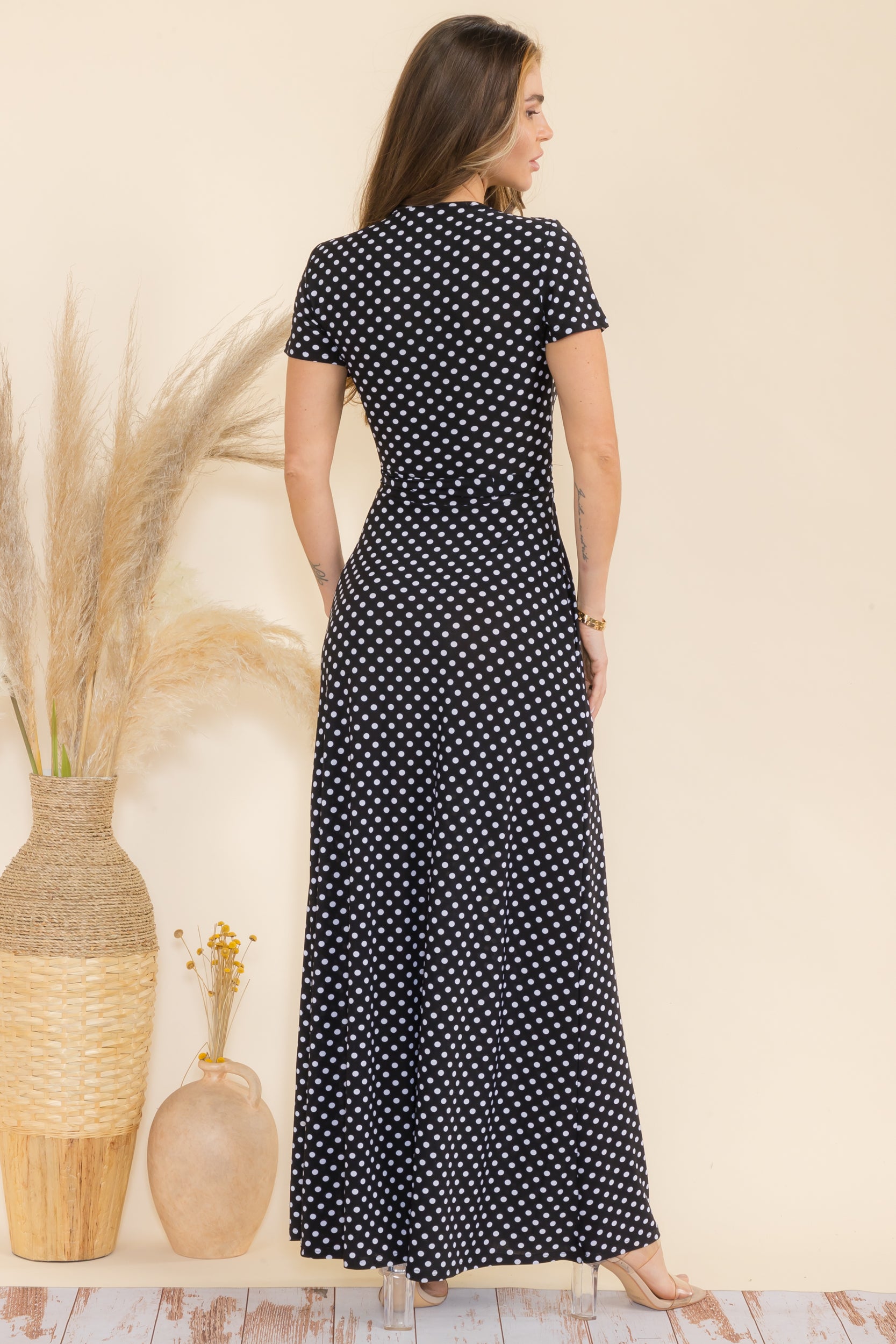 SAN149BR-P4 Polka Dot Faux Wrap Maxi Dress