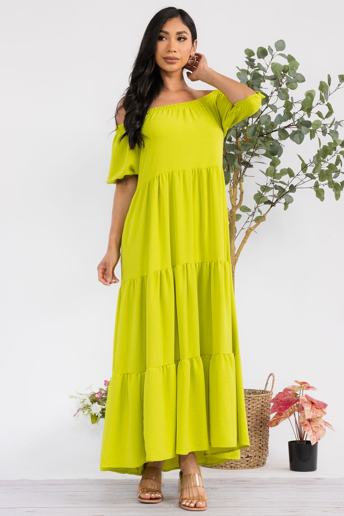 HH722R-S - OFF SHOULDER TIERED MAXI DRESS