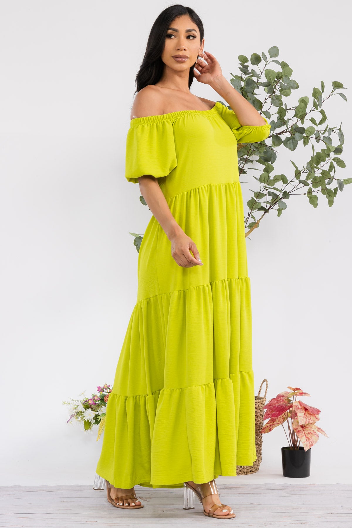HH722R-S - OFF SHOULDER TIERED MAXI DRESS