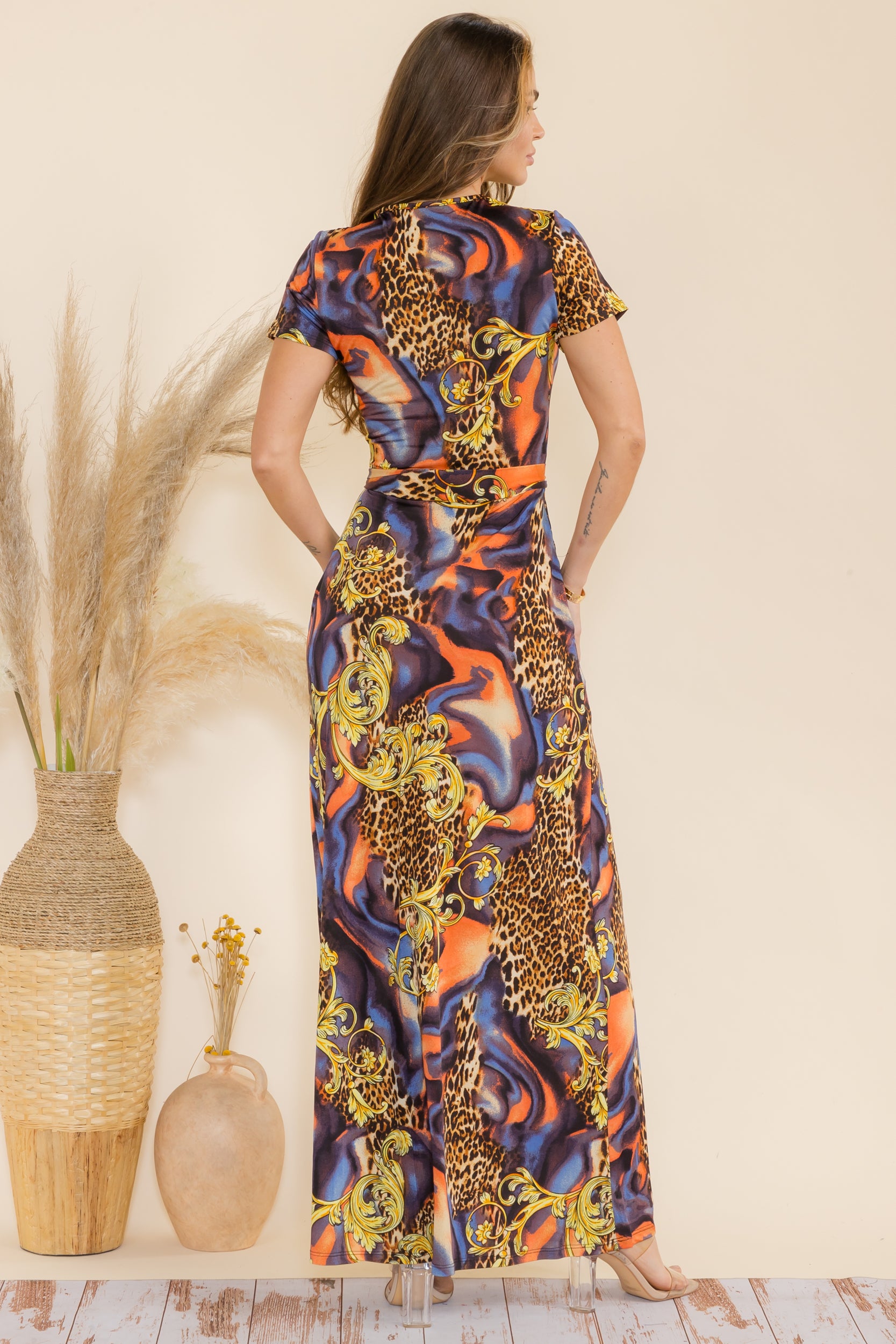 SAN149BX-P1 Plus Animal Faux Wrap Maxi Dress