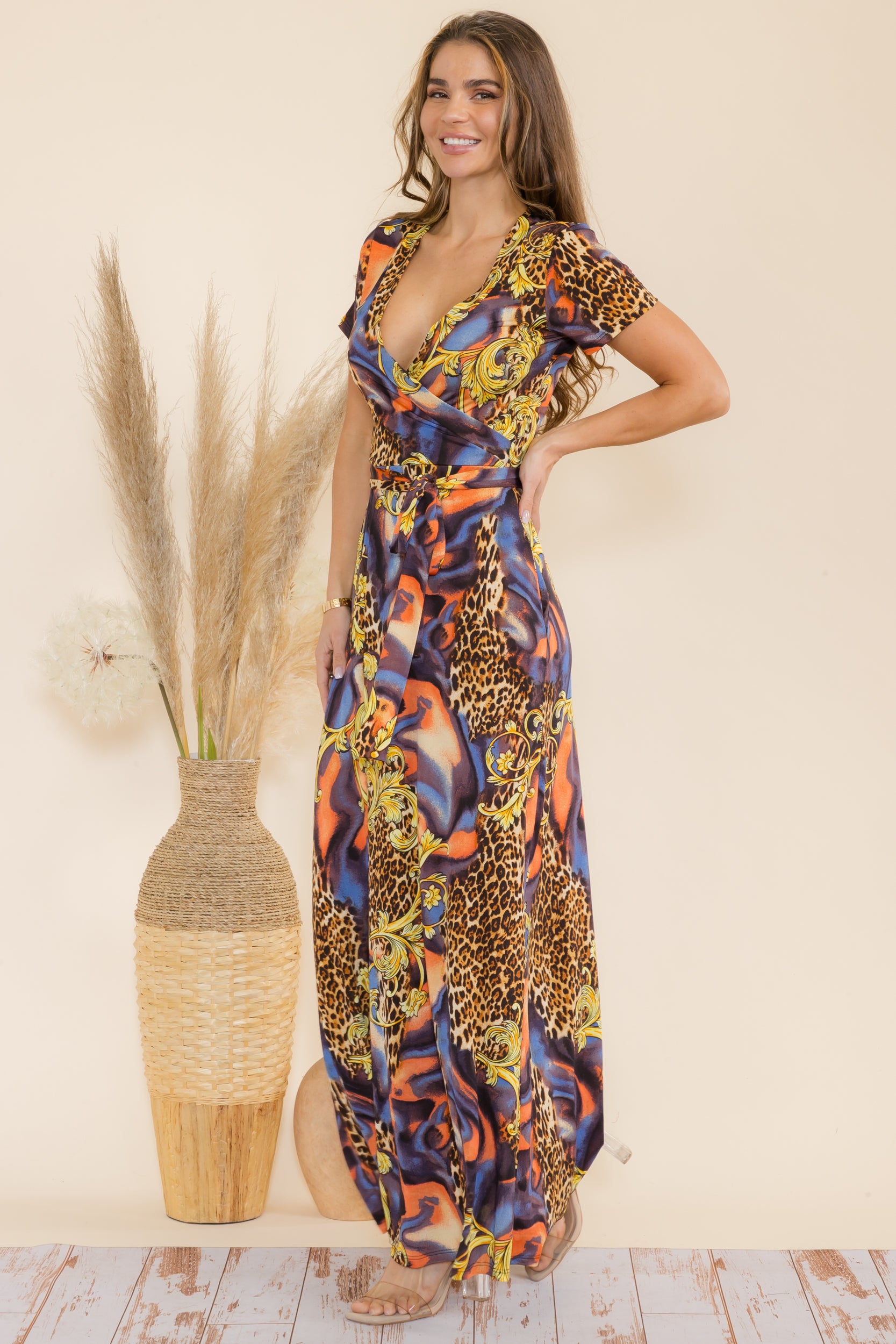 SAN149BX-P1 Plus Animal Faux Wrap Maxi Dress