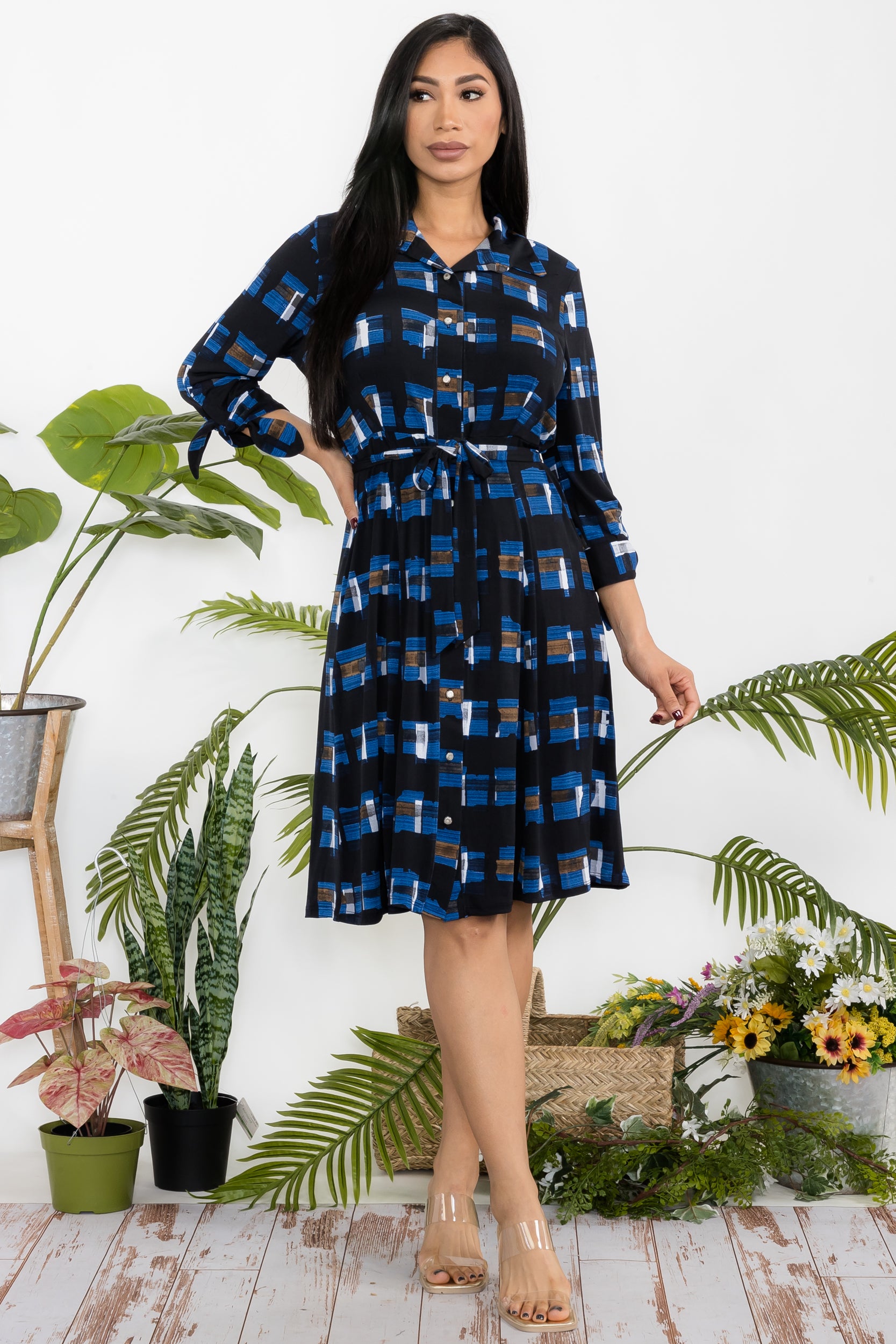 HH584R-P4 Geometric Shirt Dress with Waist Tie