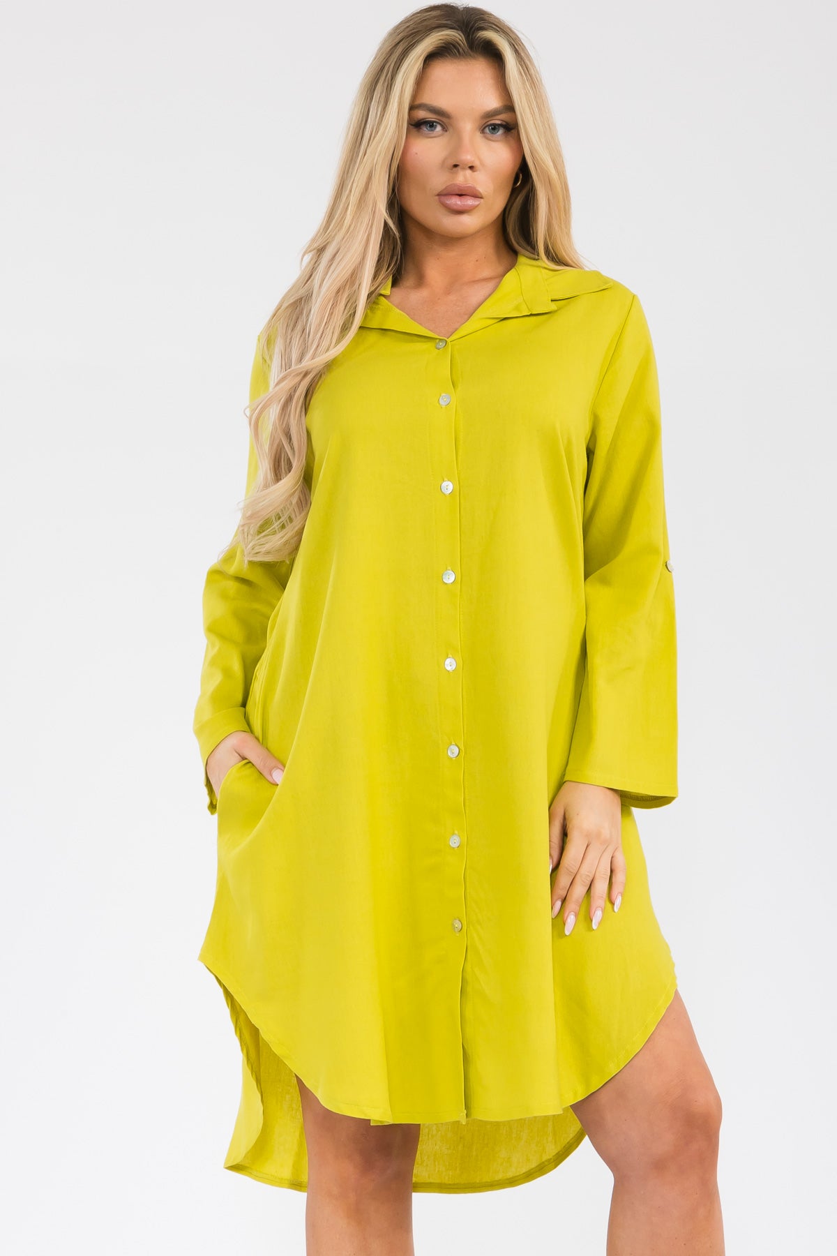 HH754R-S - LONGSLEEVE LINEN COLLARED DRESS