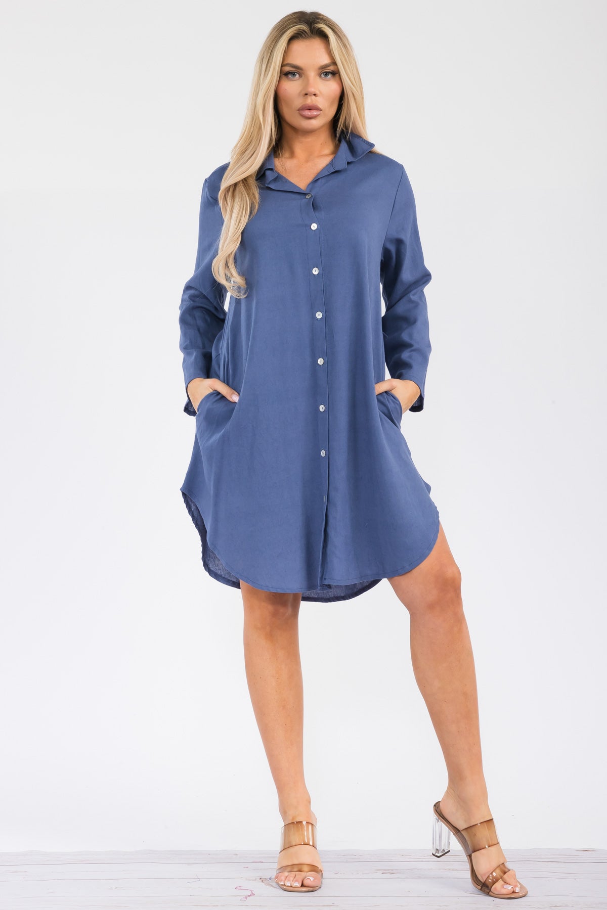 HH754R-S - LONGSLEEVE LINEN COLLARED DRESS