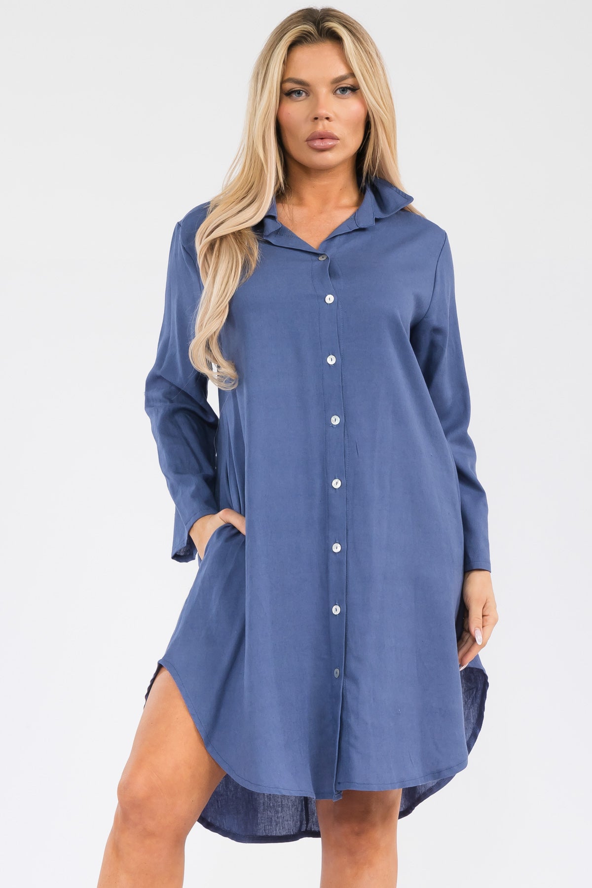 HH754R-S - LONGSLEEVE LINEN COLLARED DRESS