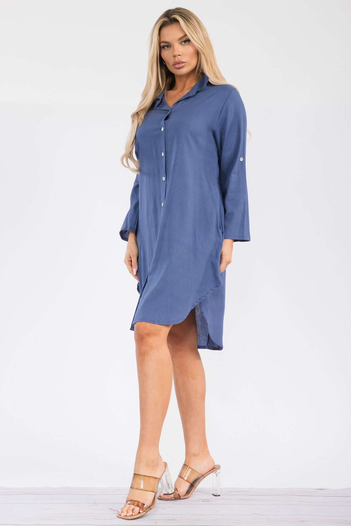 HH754R-S - LONGSLEEVE LINEN COLLARED DRESS