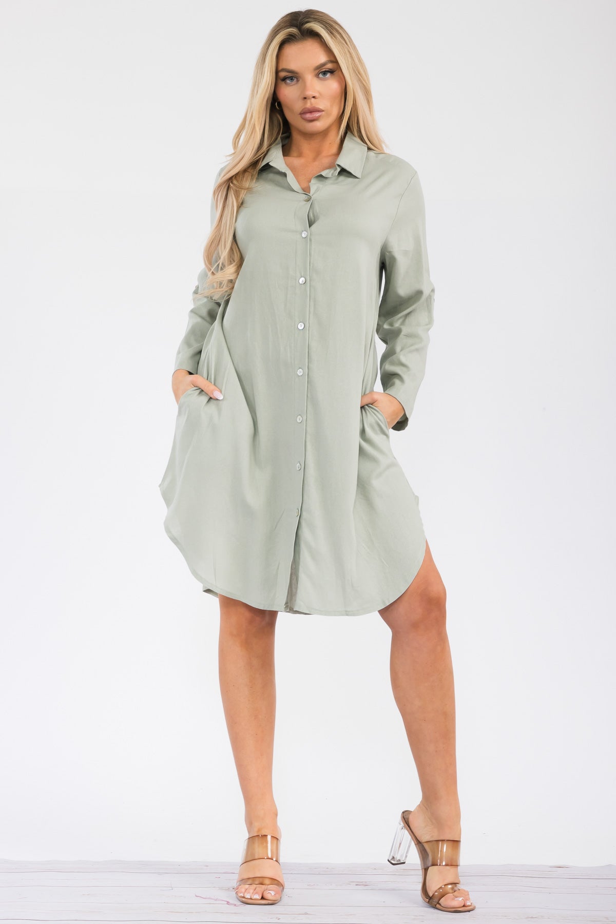 HH754R-S - LONGSLEEVE LINEN COLLARED DRESS