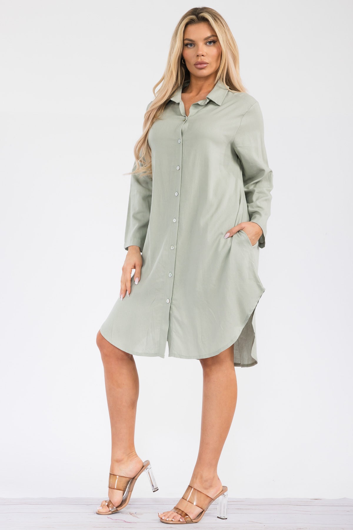 HH754R-S - LONGSLEEVE LINEN COLLARED DRESS