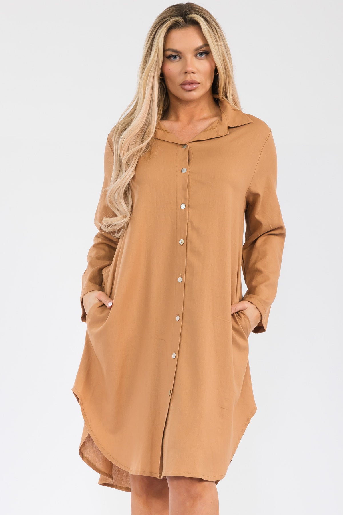 HH754R-S - LONGSLEEVE LINEN COLLARED DRESS