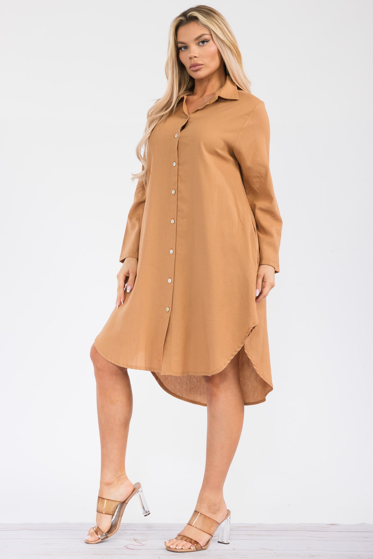 HH754R-S - LONGSLEEVE LINEN COLLARED DRESS