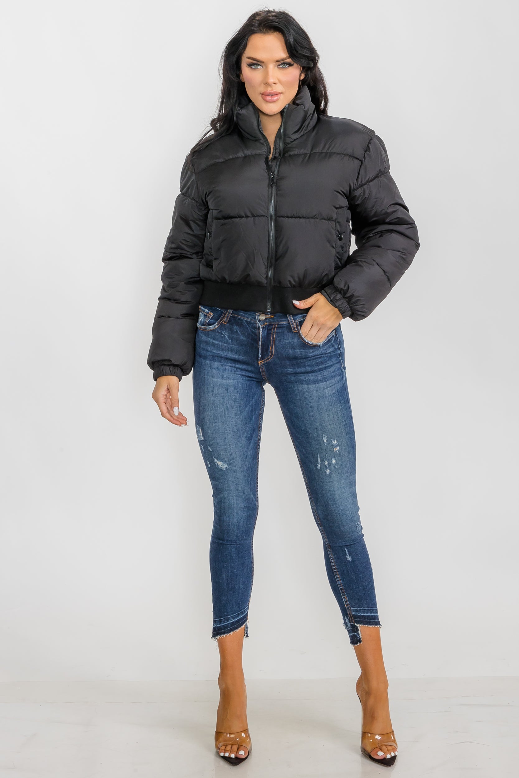 74777 - Crop Puffer Jacket - Zipper and Waistband with Pockets
