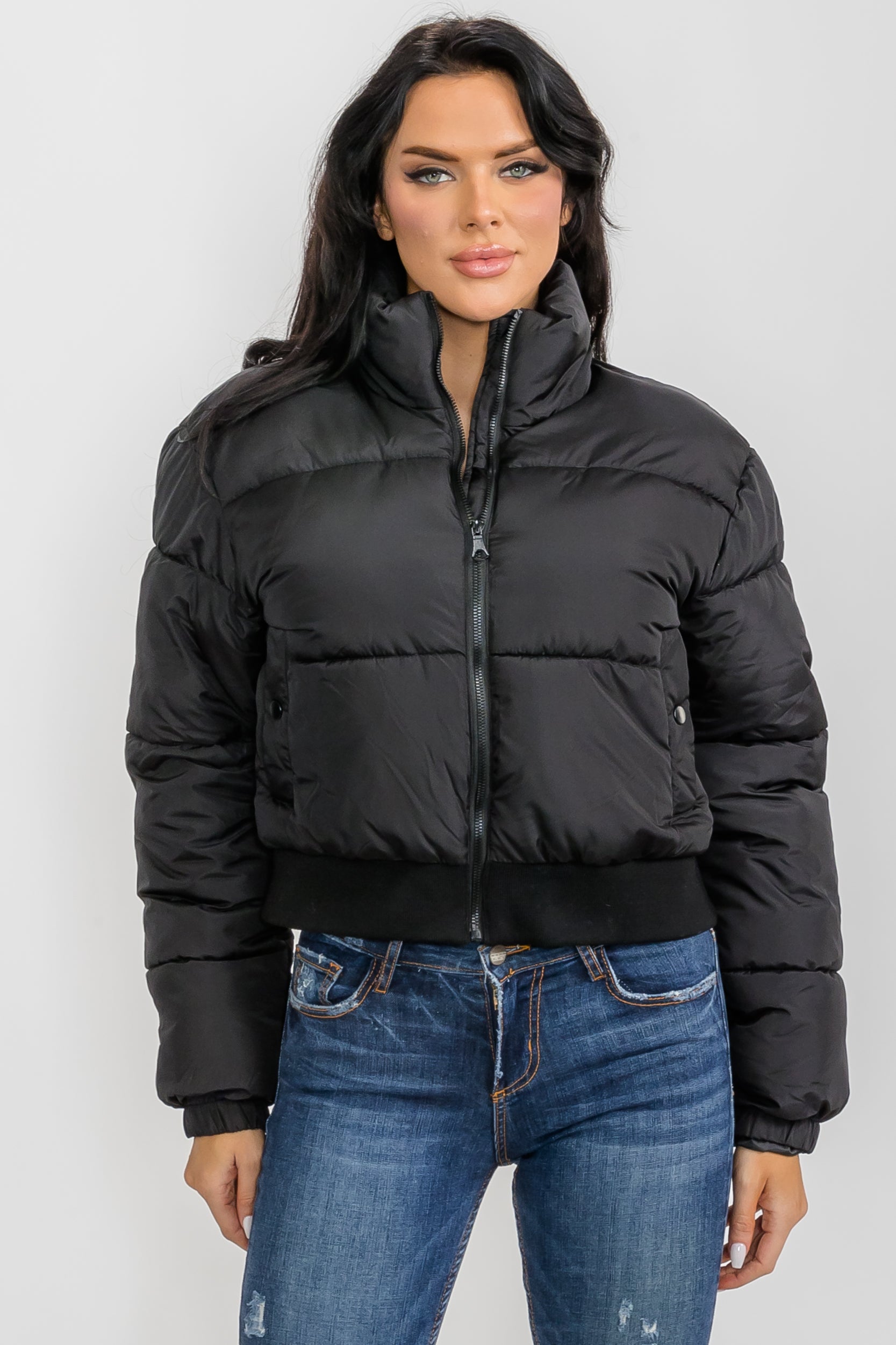 74777 - Crop Puffer Jacket - Zipper and Waistband with Pockets