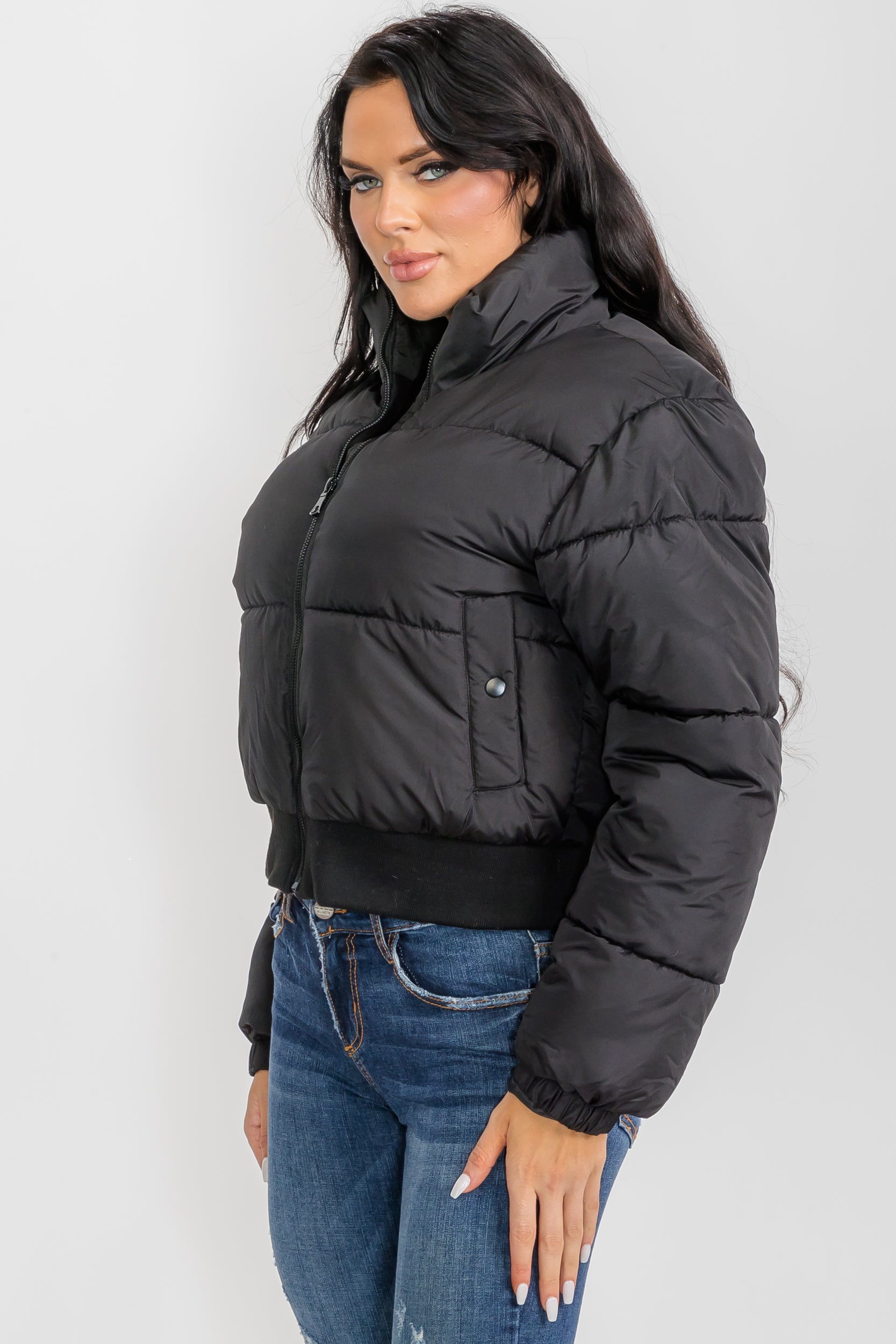 74777 - Crop Puffer Jacket - Zipper and Waistband with Pockets