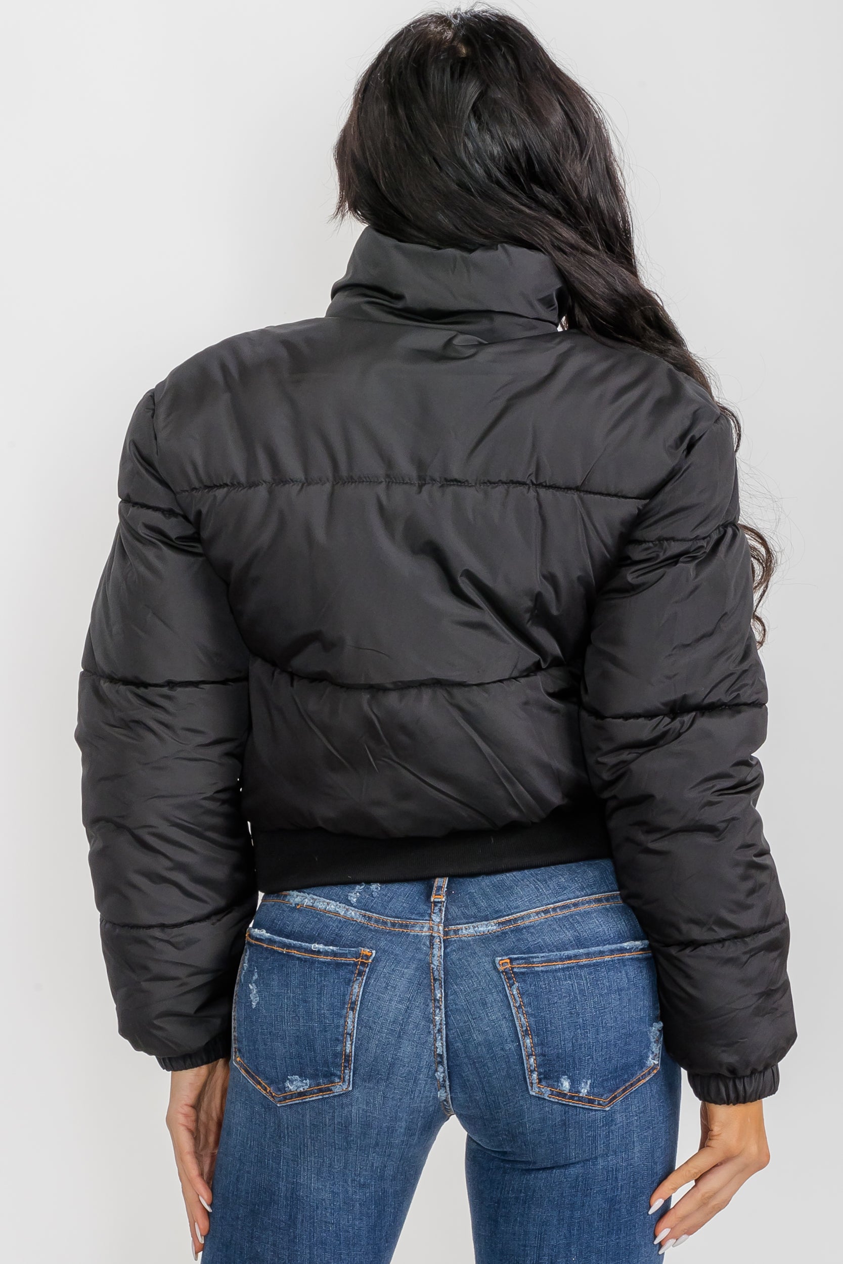74777 - Crop Puffer Jacket - Zipper and Waistband with Pockets
