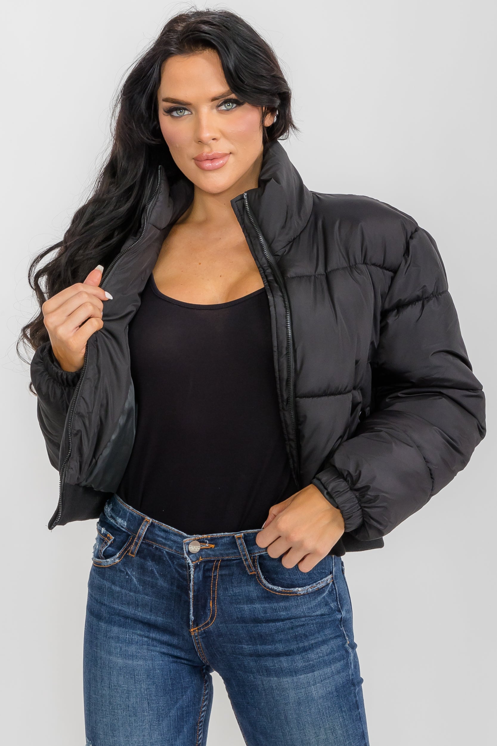 74777 - Crop Puffer Jacket - Zipper and Waistband with Pockets