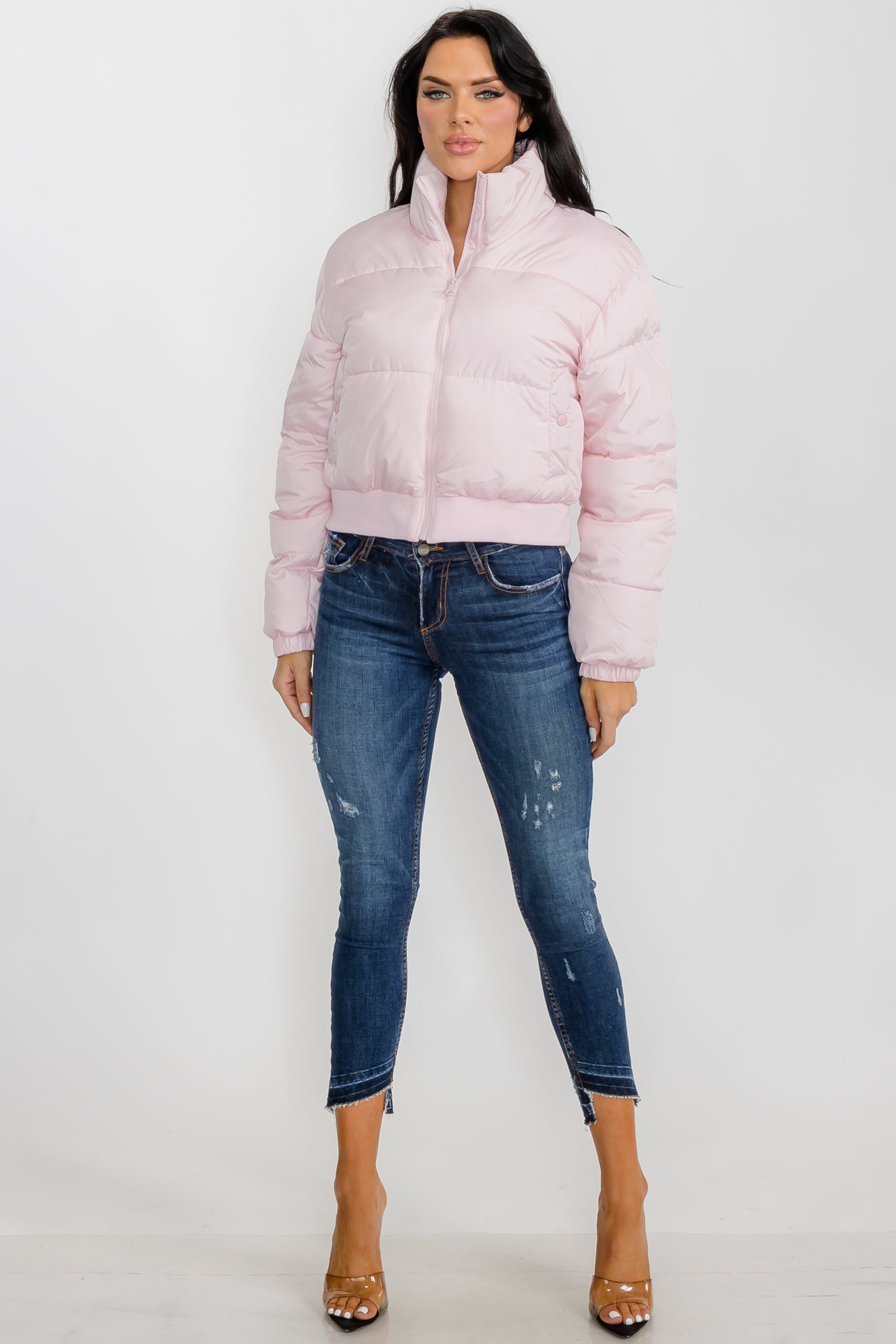 74777 - Crop Puffer Jacket - Zipper and Waistband with Pockets