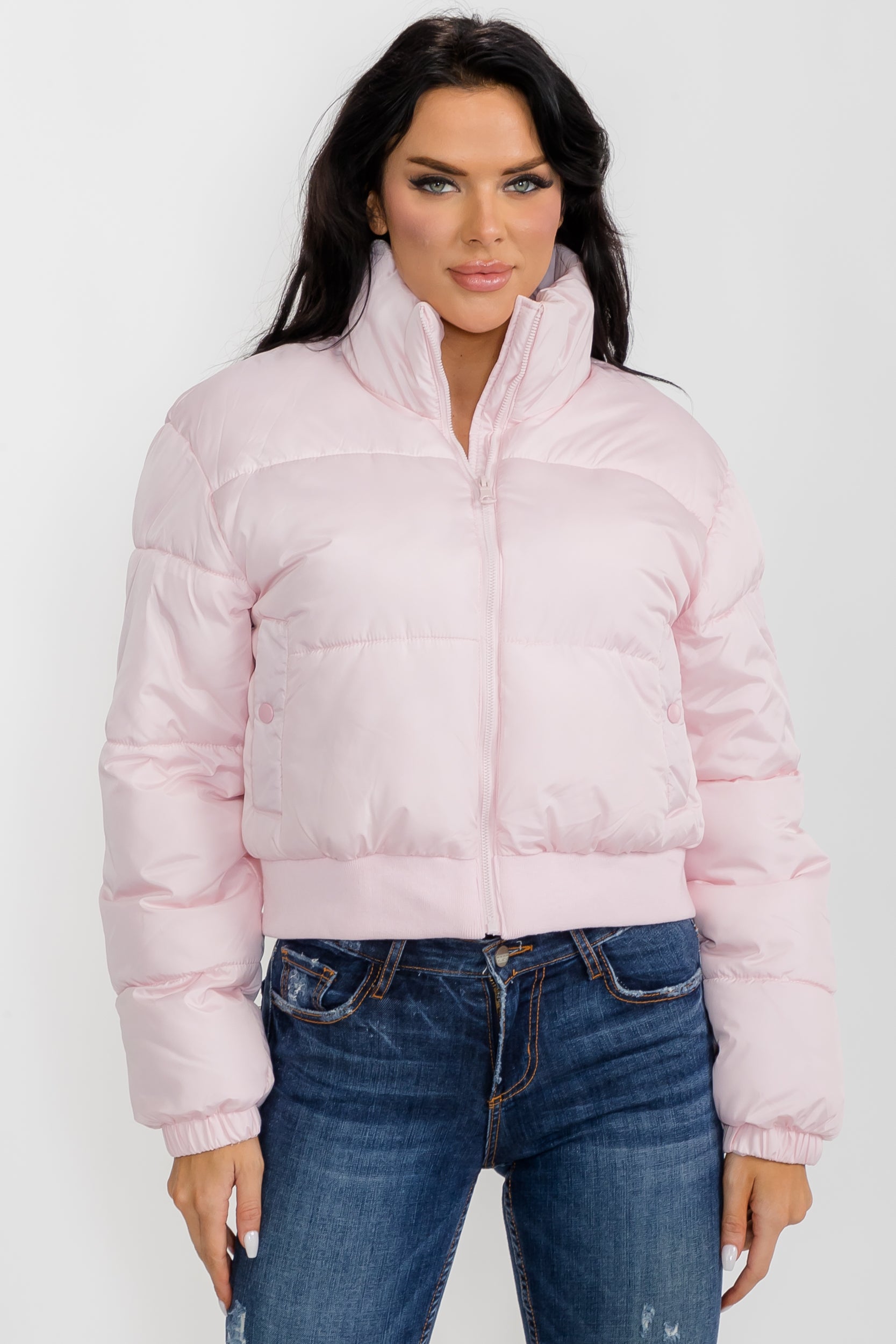 74777 - Crop Puffer Jacket - Zipper and Waistband with Pockets