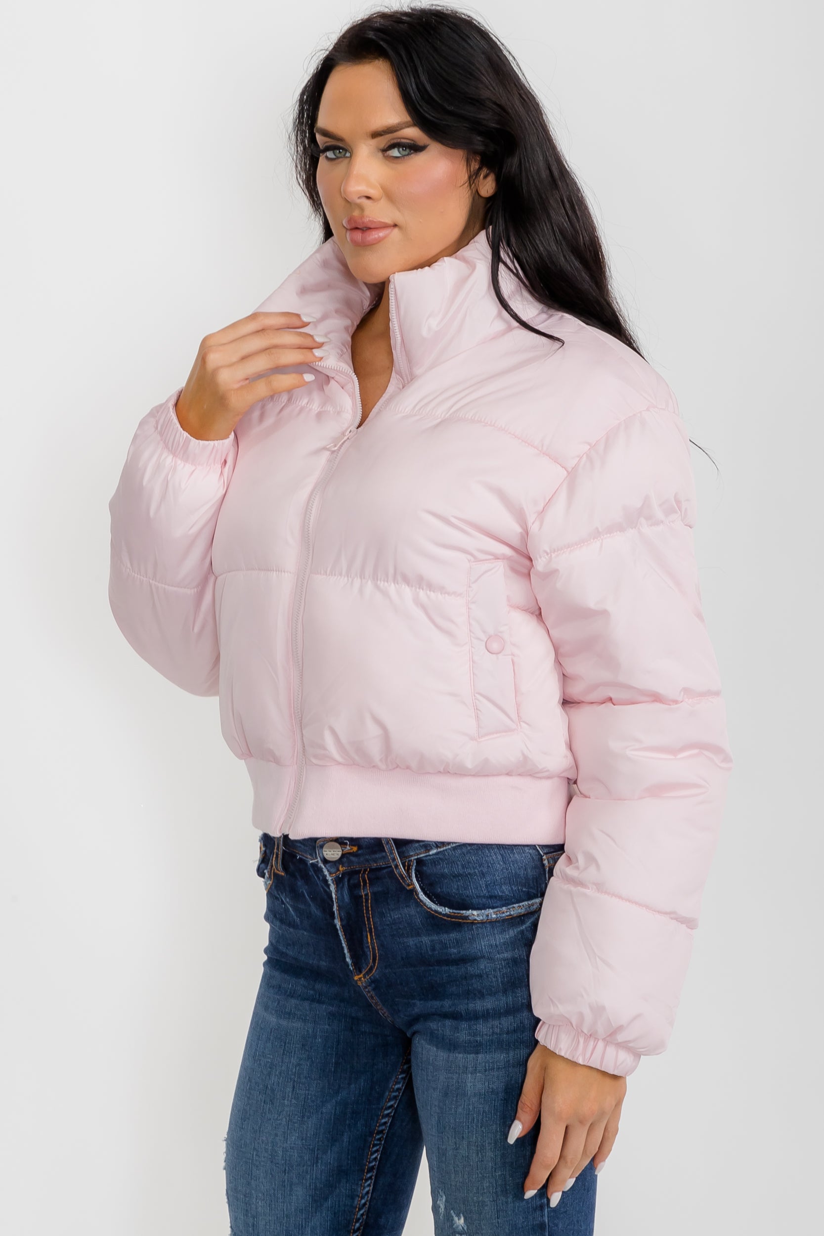 74777 - Crop Puffer Jacket - Zipper and Waistband with Pockets