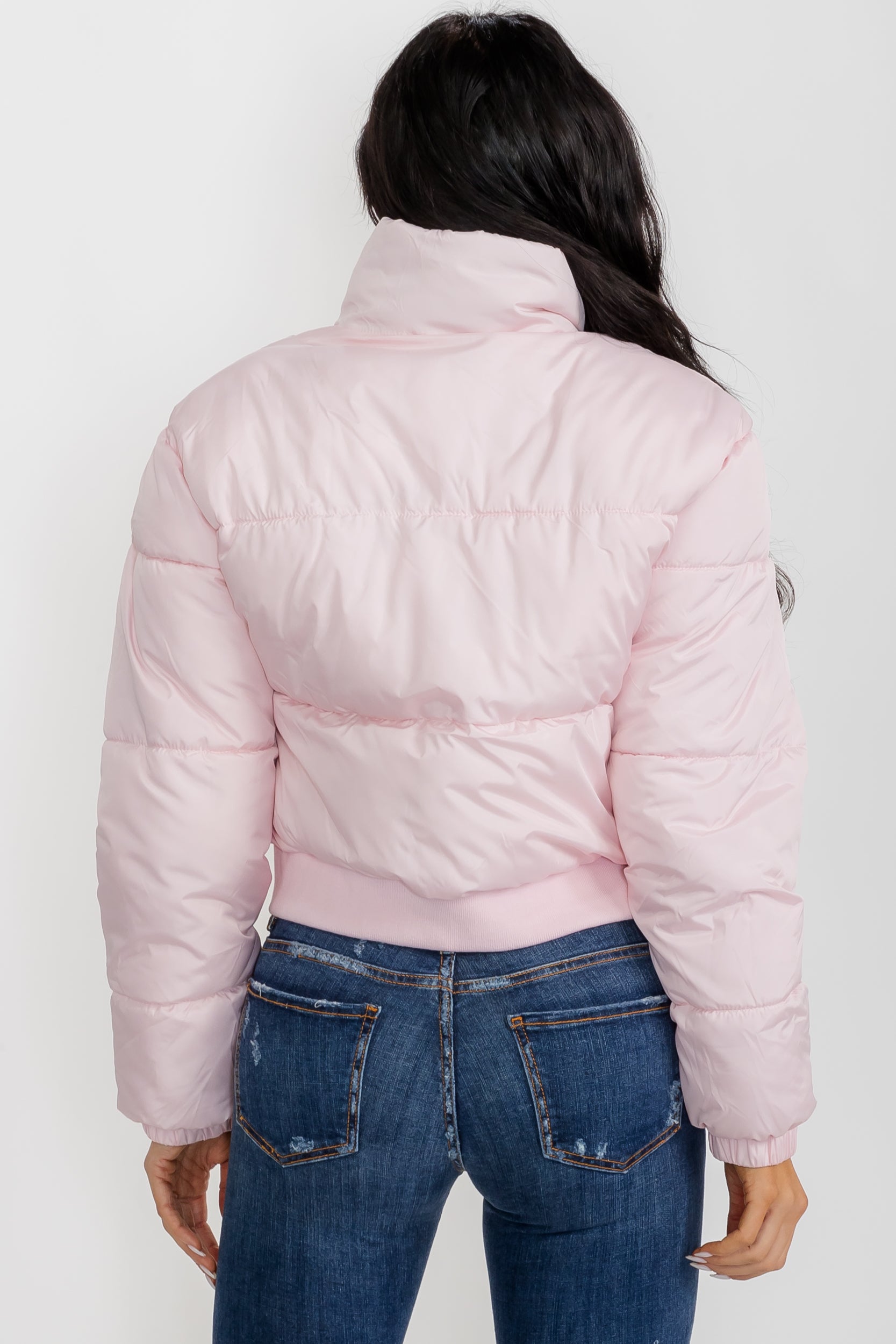 74777 - Crop Puffer Jacket - Zipper and Waistband with Pockets