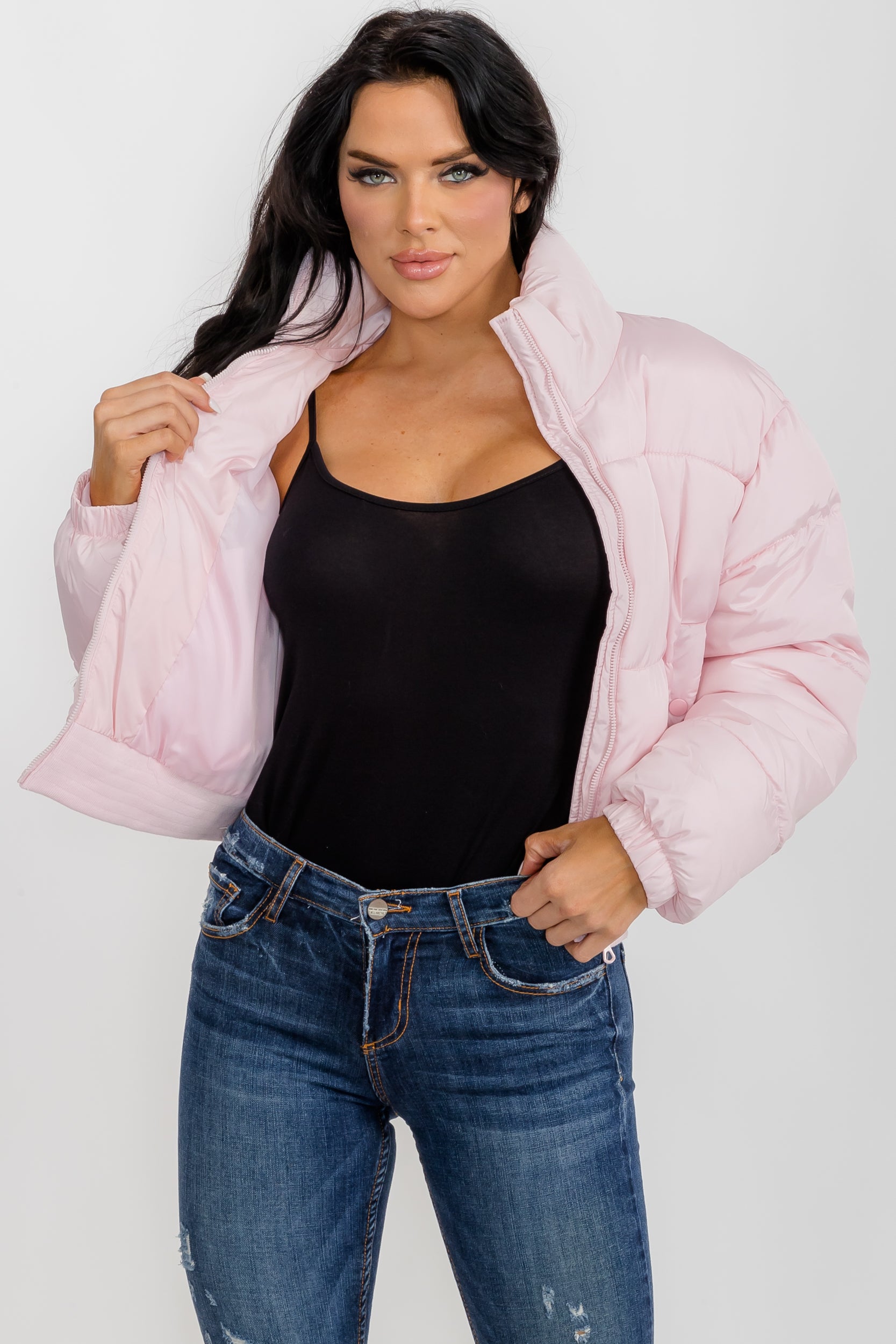 74777 - Crop Puffer Jacket - Zipper and Waistband with Pockets