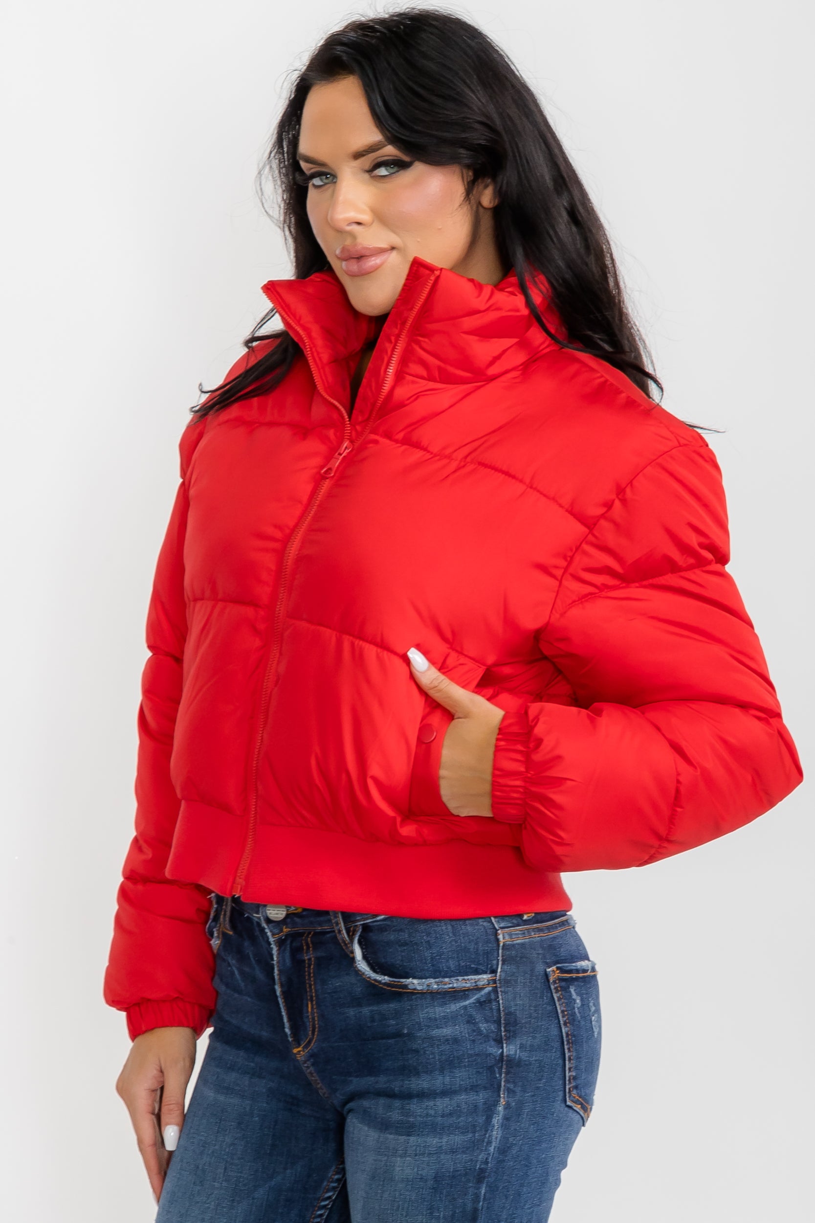 74777 - Crop Puffer Jacket - Zipper and Waistband with Pockets